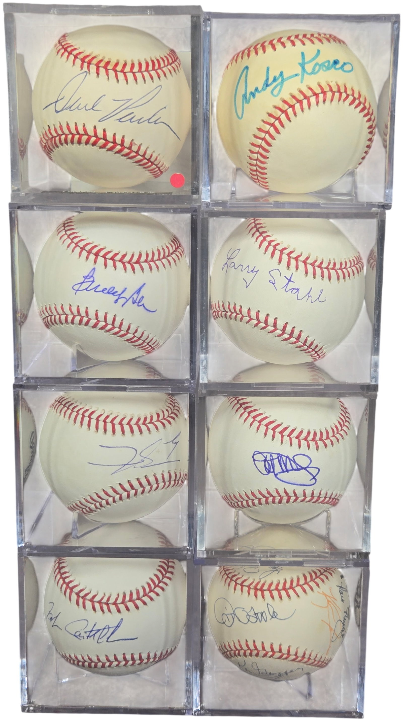 A Collection of Autographed Major League Baseballs Featuring Dave Parker and Greg Luzinski: This lot consists of eight autographed baseballs, each presented in an individual clear plastic display cube. The collection features players primarily active during the 1970s and 1980s. Single-signed