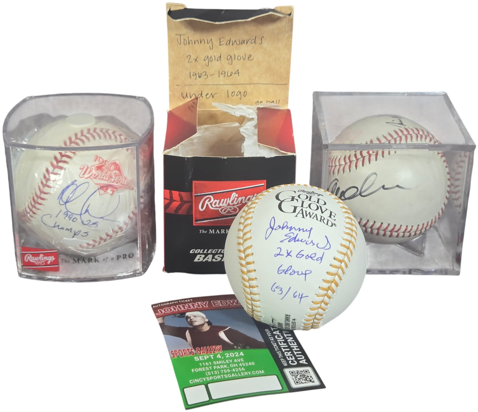 A Collection of Autographed Cincinnati Reds Baseball Memorabilia: A collection of autographed baseballs and associated documentation, primarily focused on the Cincinnati Reds franchise. The group includes a Rawlings Official Gold Glove Award commemorative baseball s