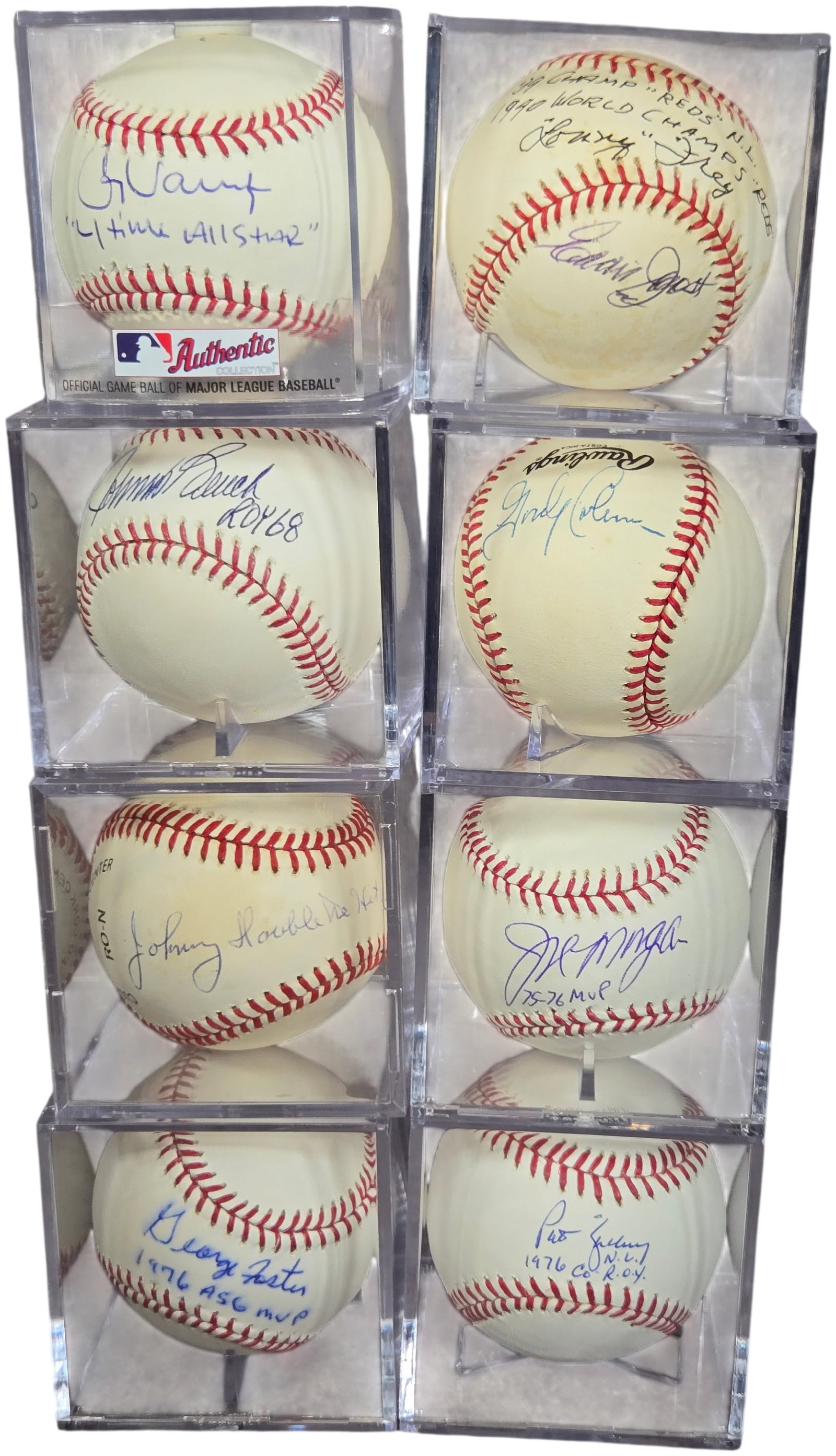A Collection of Autographed Cincinnati Reds Baseballs Featuring Hall of Famers and Award Winners: This collection consists of eight (8) autographed baseballs primarily representing the Cincinnati Reds Big Red Machine era and early franchise history. Each ball is signed in ink and includes specific