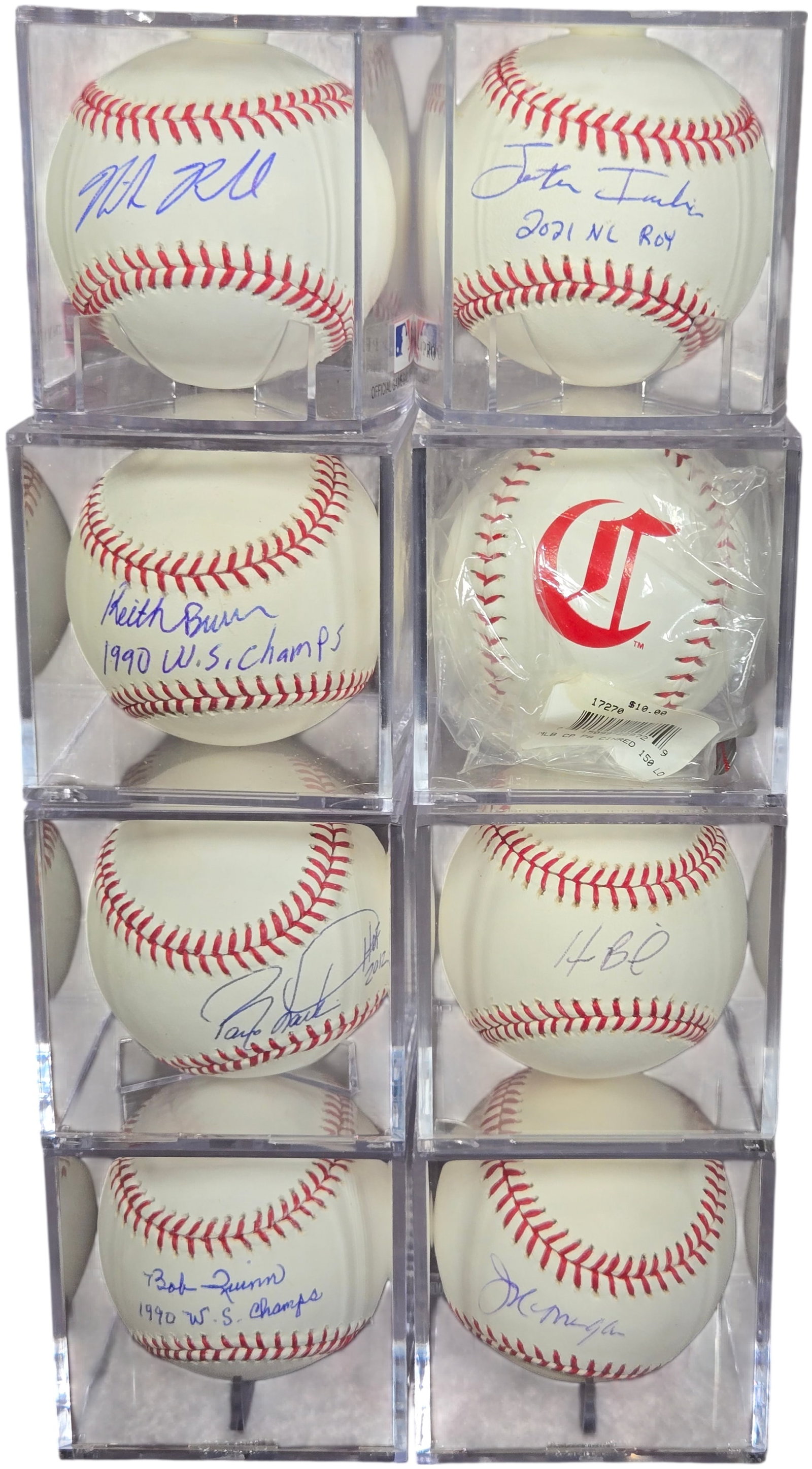A Collection of Cincinnati Reds Autographed and Commemorative Baseballs: A collection of eight baseballs presented in individual clear acrylic display cubes, primarily featuring signatures and themes related to the Cincinnati Reds. The lot includes: - One baseball signed