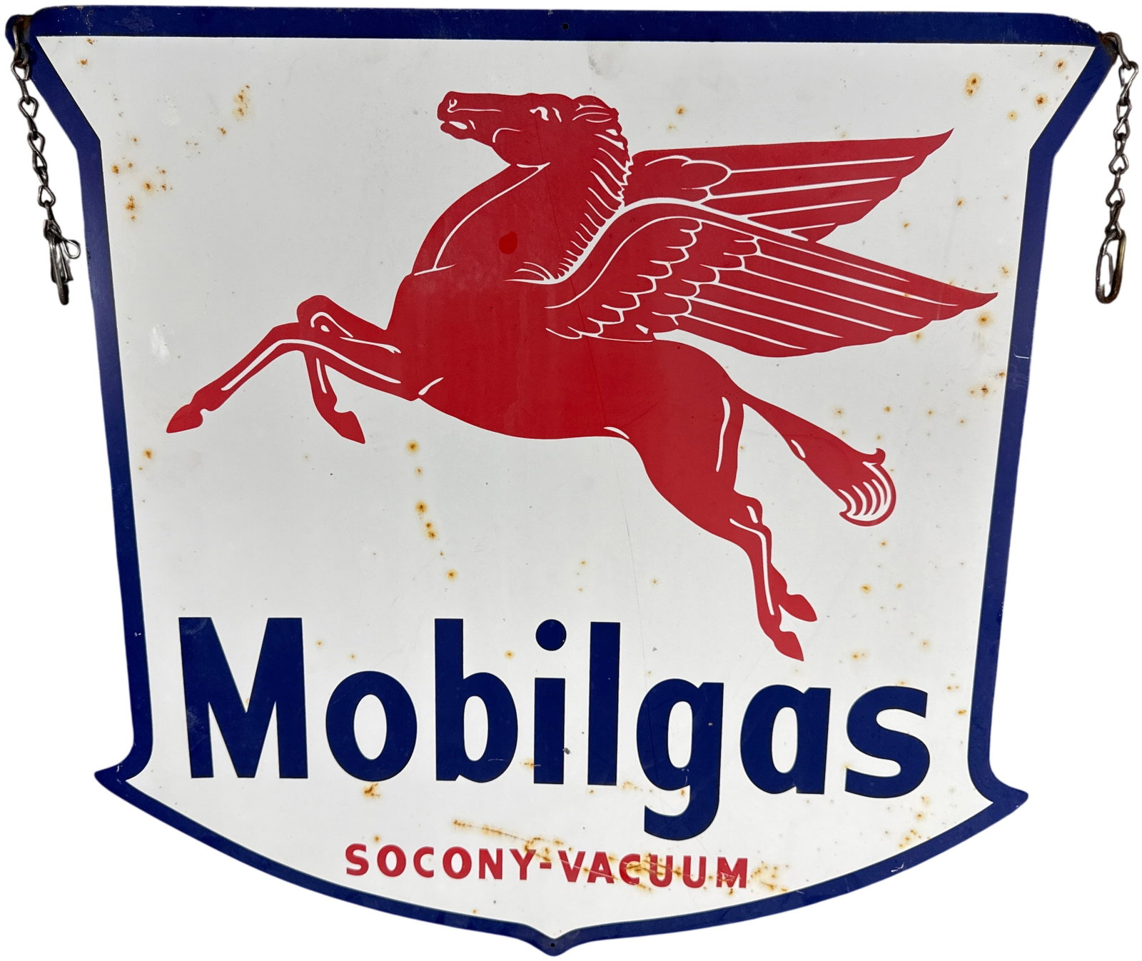 Mobilgas Socony-Vacuum Reproduction Shield Sign: A modern reproduction porcelain-on-steel advertising sign for Mobilgas, produced by Signpast. The sign is designed in a shield shape with a white field and a blue perimeter border. The central