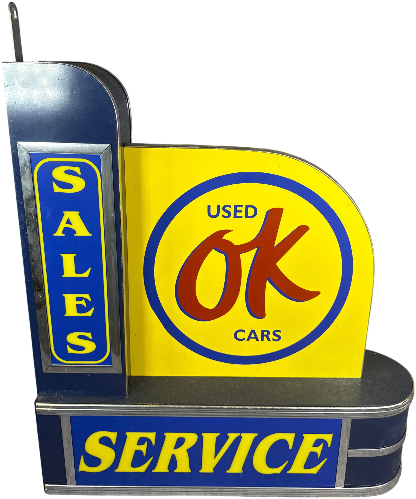Contemporary Chevrolet OK Used Cars Light-Up Reproduction Wall Sign: This is a modern decorative light-up wall sign designed as a tribute to the historic Chevrolet OK Used Cars dealership program. The sign is composed of primary sections: a large central panel