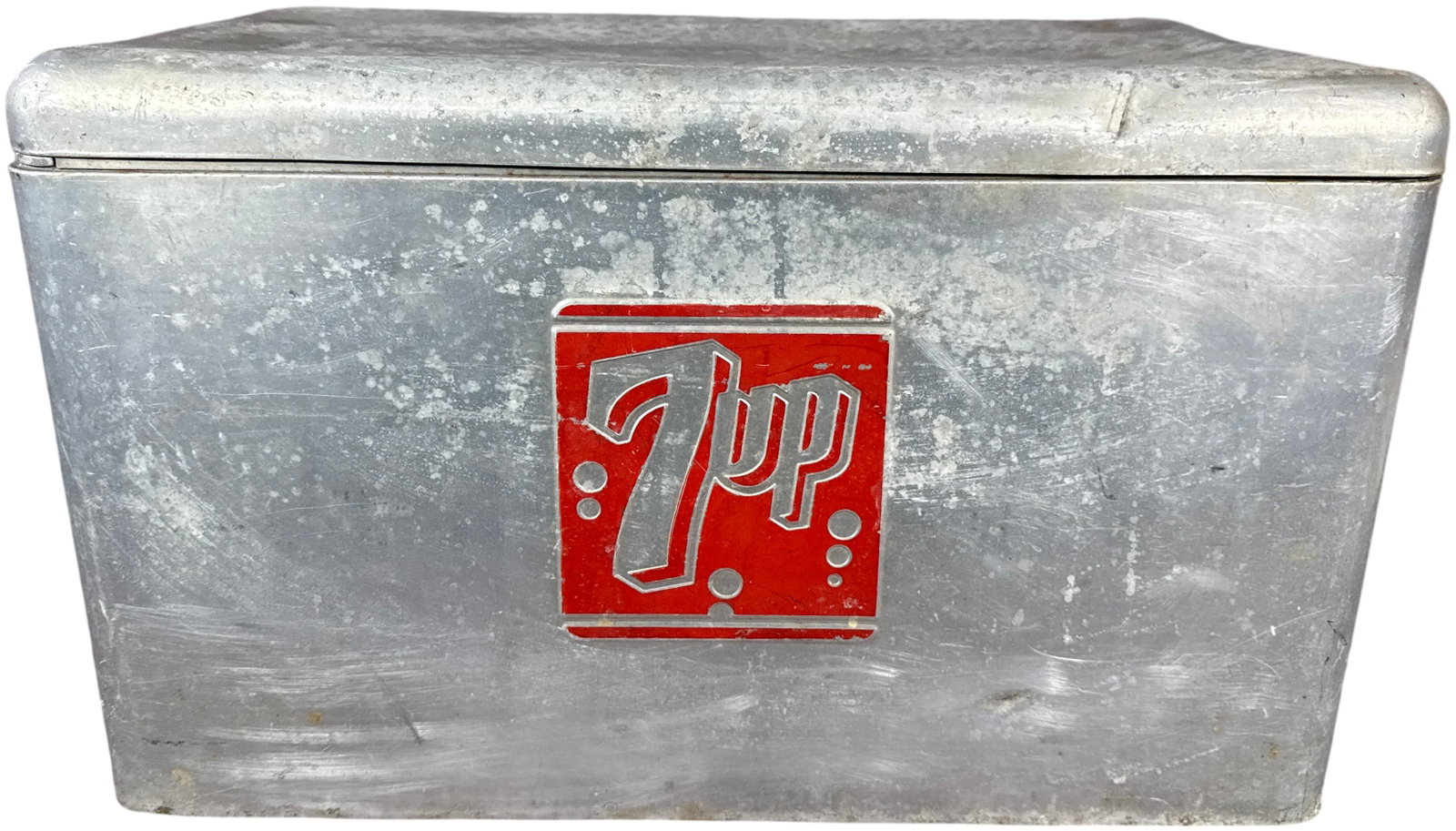 Vintage 7up Branded Aluminum Ice Chest Cooler: A mid-century portable ice chest featuring 7up soft drink branding. The rectangular body is constructed of brushed aluminum with a hinged lid and steel hardware. It features heavy-duty metal swing-out