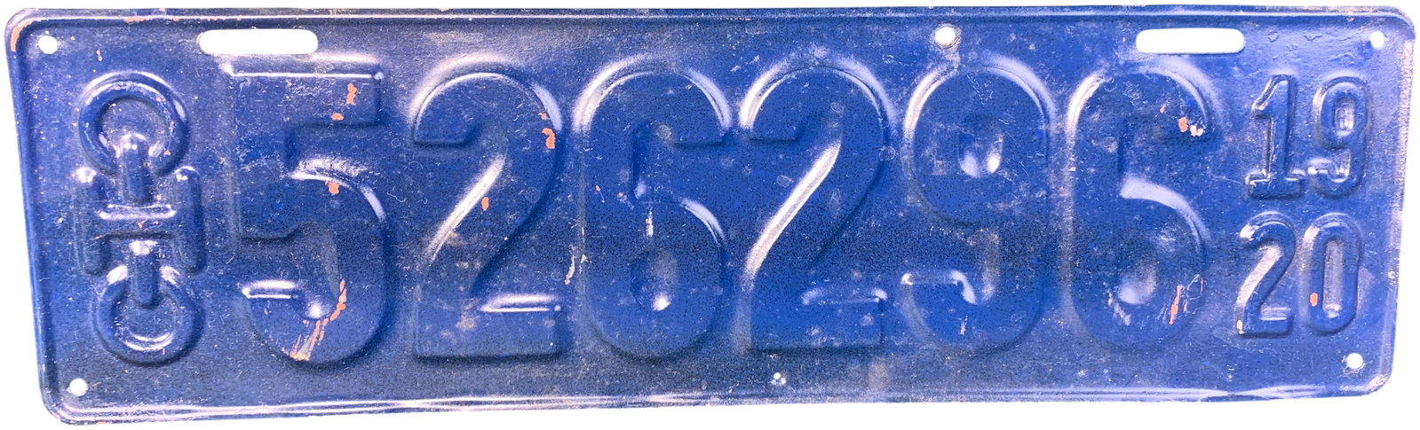 1920 Ohio Embossed Metal Automobile License Plate: This is an antique embossed metal license plate issued by the state of Ohio for the year 1920. The plate features a dark blue field with raised registration characters. On the far left is a vertically