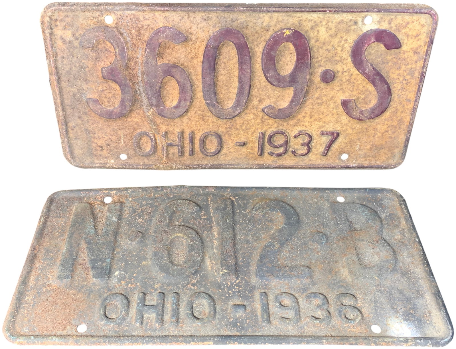 Vintage Ohio Stamped Metal License Plates 1937 and 1938 (1 of 2)