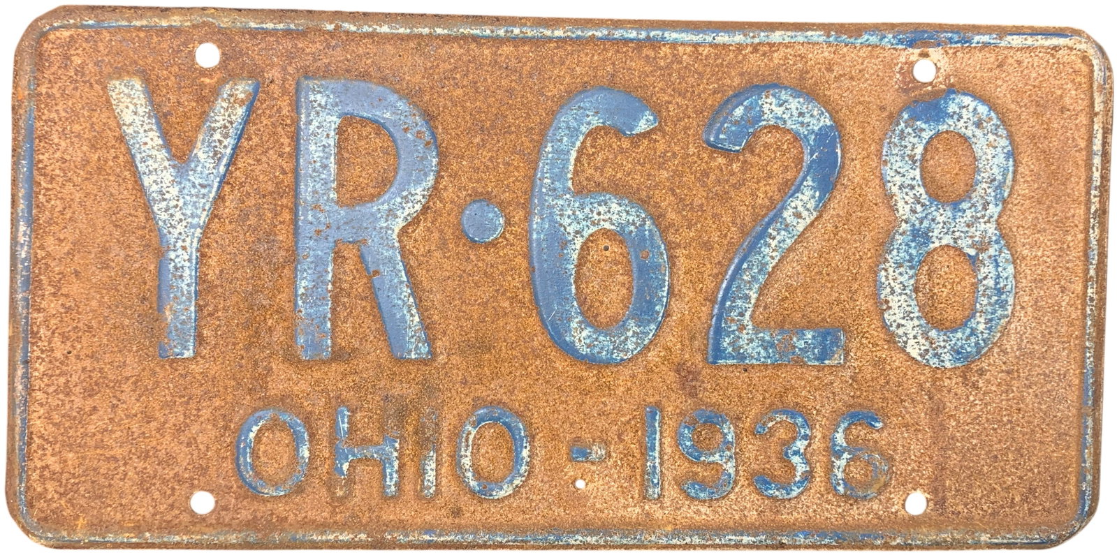 1936 Ohio Steel License Plate YR-628: An original embossed steel vehicle registration plate from the state of Ohio, dated 1936. The plate is constructed from heavy-gauge steel with raised characters. The main registration number YR-628 is