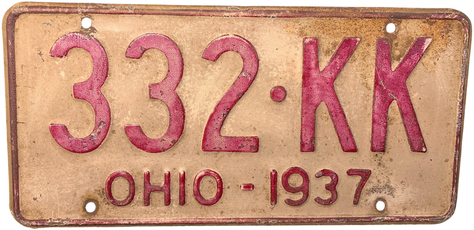 1937 Ohio Passenger License Plate, Stamped Metal: A vintage automotive collectible from the state of Ohio, dated 1937. The license plate is made of stamped metal with a cream-colored field and maroon embossed characters and border. Centered on the pl