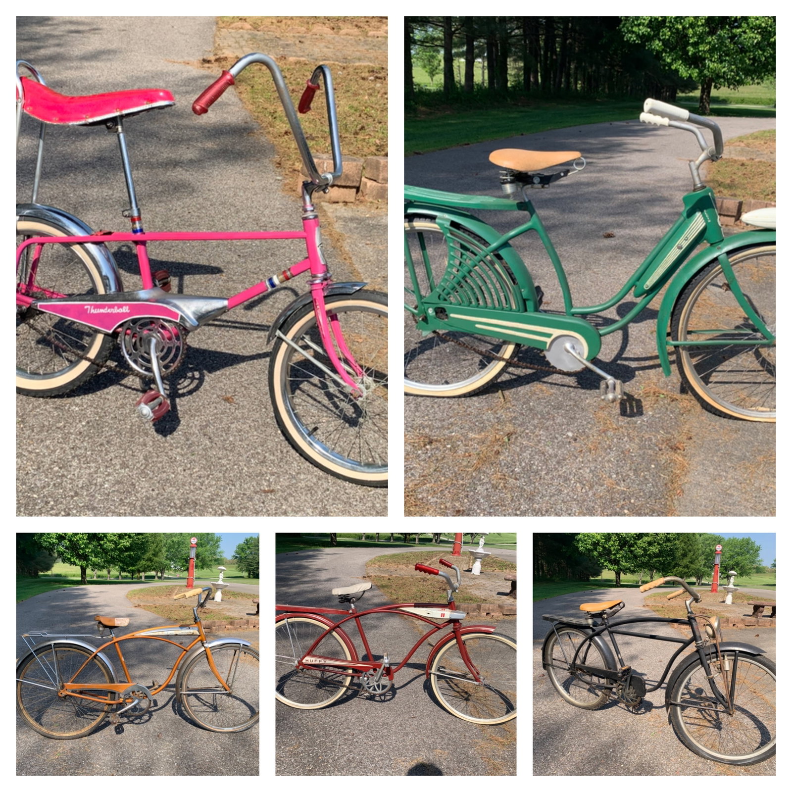 A collection of Vintage American Bicycles including Huffy and Thunderball Models: This collection features multiple vintage American bicycles representing mid-century styling and design. The group includes a pink muscle-style bicycle with high-rise handlebars, red grips, a banana s