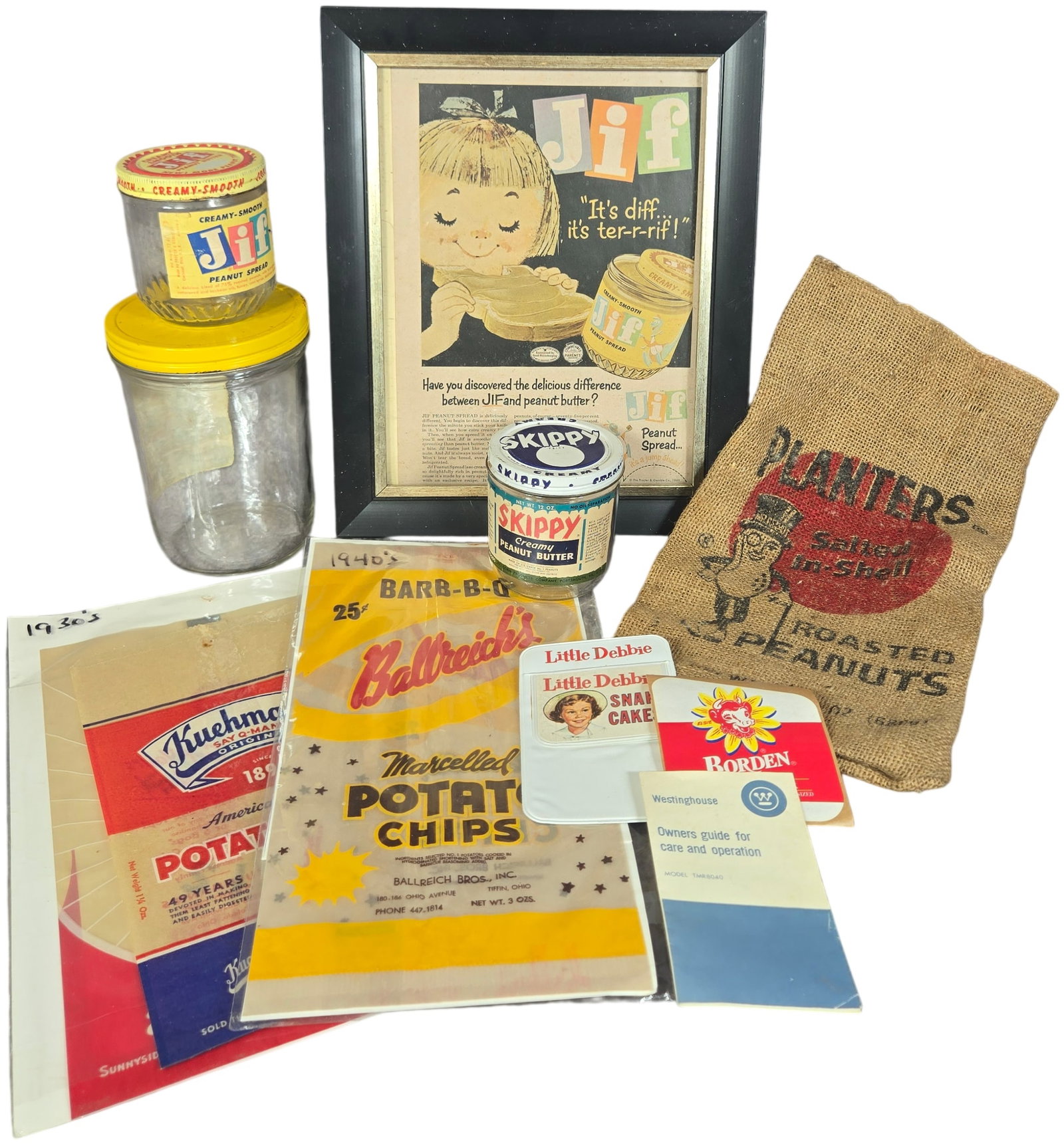 A Collection of Vintage Mid-Century Food Advertising and Product Packaging: A collection of vintage American food packaging and advertising ephemera dating approximately from the 1930s through the 1960s. The lot includes a framed color magazine advertisement for Jif Peanut Sp