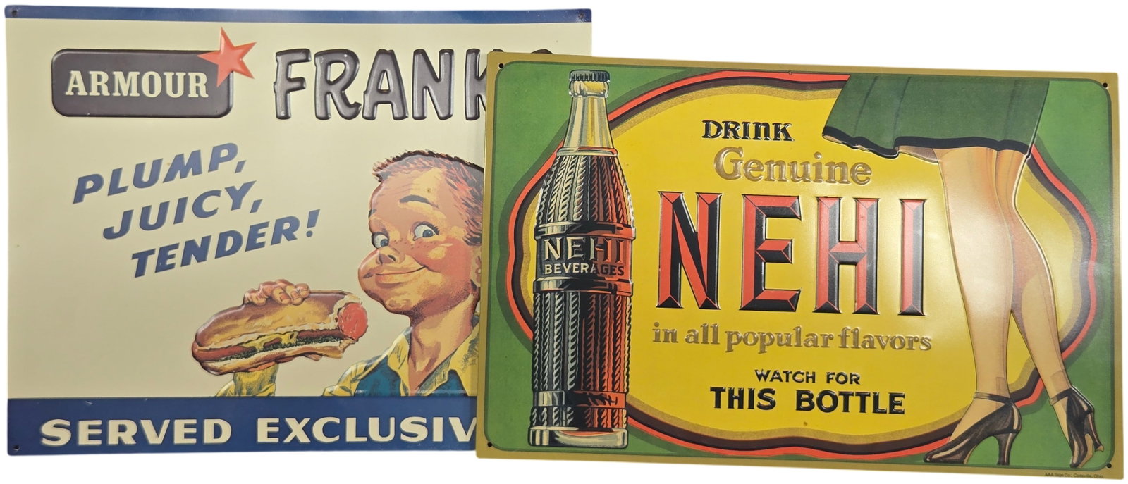 Embossed Metal Advertising Sign Reproductions, Armour Franks and Nehi: This lot contains embossed metal advertising signs, identified as modern reproductions of classic mid-20th-century advertisements. The first sign is for Armour Franks, featuring a cream background wit
