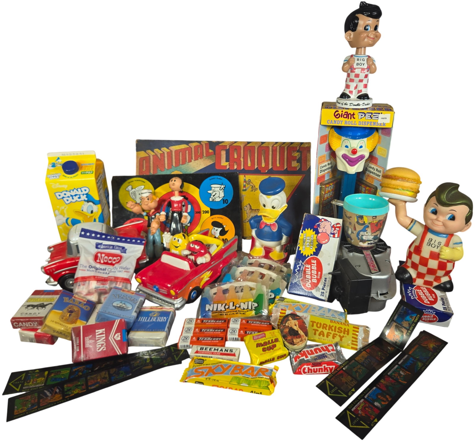 An Assortment of Vintage Toys and Advertising Memorabilia Including National Games Inc. and Mattel: This collection features a diverse variety of mid-to-late 20th-century toys, character figures, and advertising ephemera. Included is an Animal Croquet game set by National Games, Inc. (No. 5011), con