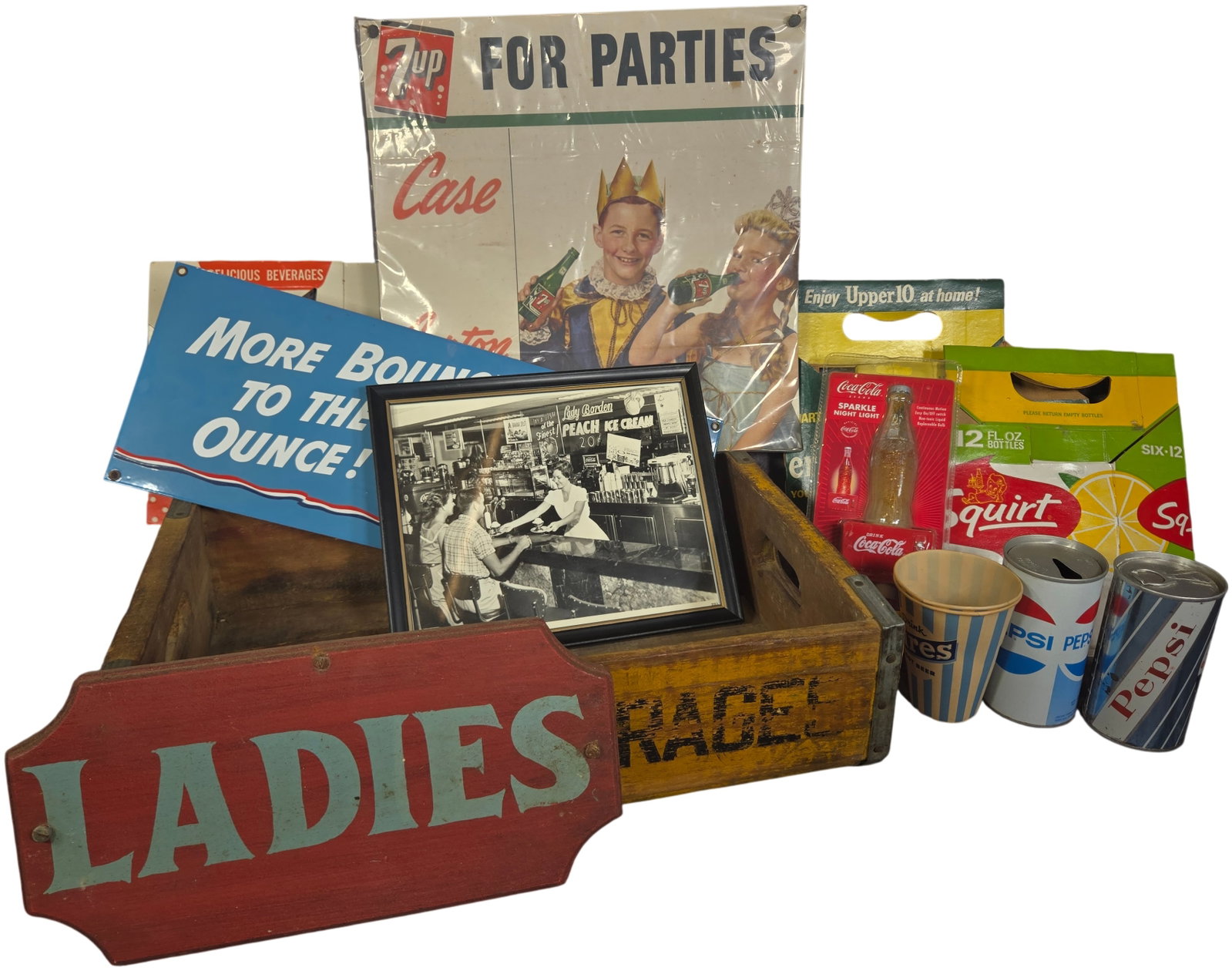 A collection of Vintage and Vintage-Style Beverage Advertising Memorabilia: This collection of beverage-related items includes a yellow-painted wooden beverage crate with black stenciled text reading Gem Beverages, featuring metal-reinforced corners and integrated hand-holds.