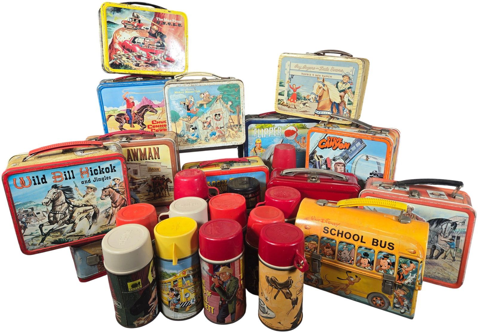 A collection of Vintage Lithographed Metal Lunchboxes and a group of Matching Thermoses by Aladdin (1 of 12)