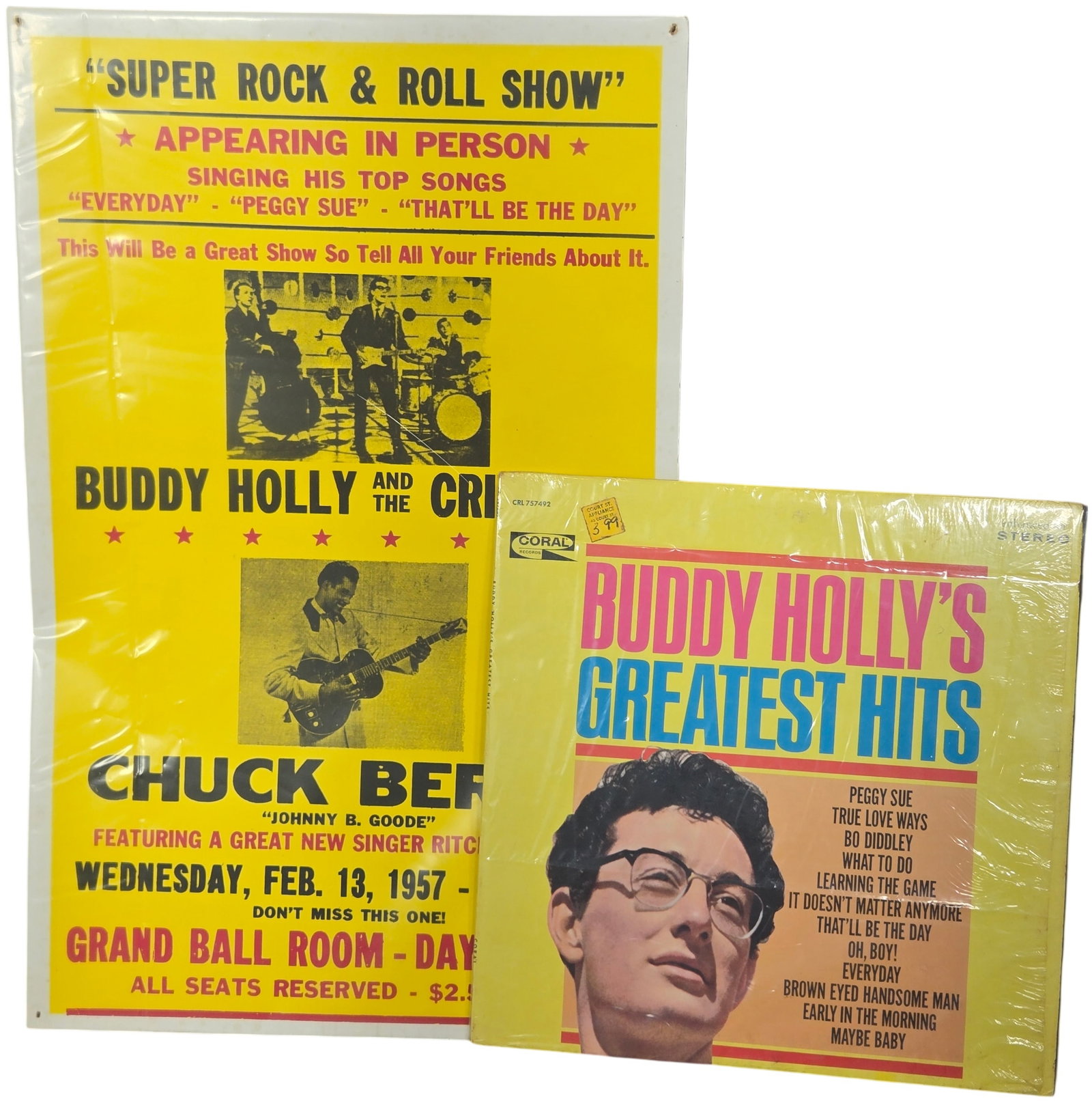 Early Rock and Roll Music Items Including a Buddy Holly Vinyl LP and a Reproduction Concert Poster (1 of 4)
