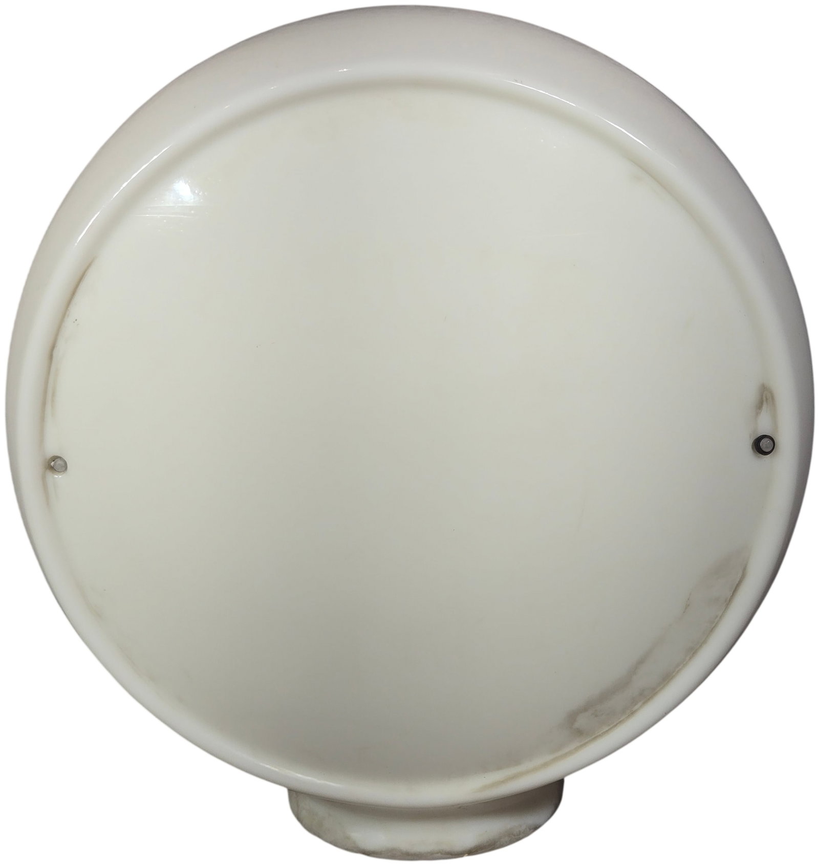 13.5-Inch Wide Body Milk Glass Gas Pump Globe Body: This is a vintage wide body gas pump globe body made from opaque white milk glass. The item features a flattened spherical shape with a central horizontal ridge, a form commonly referred to in the pet