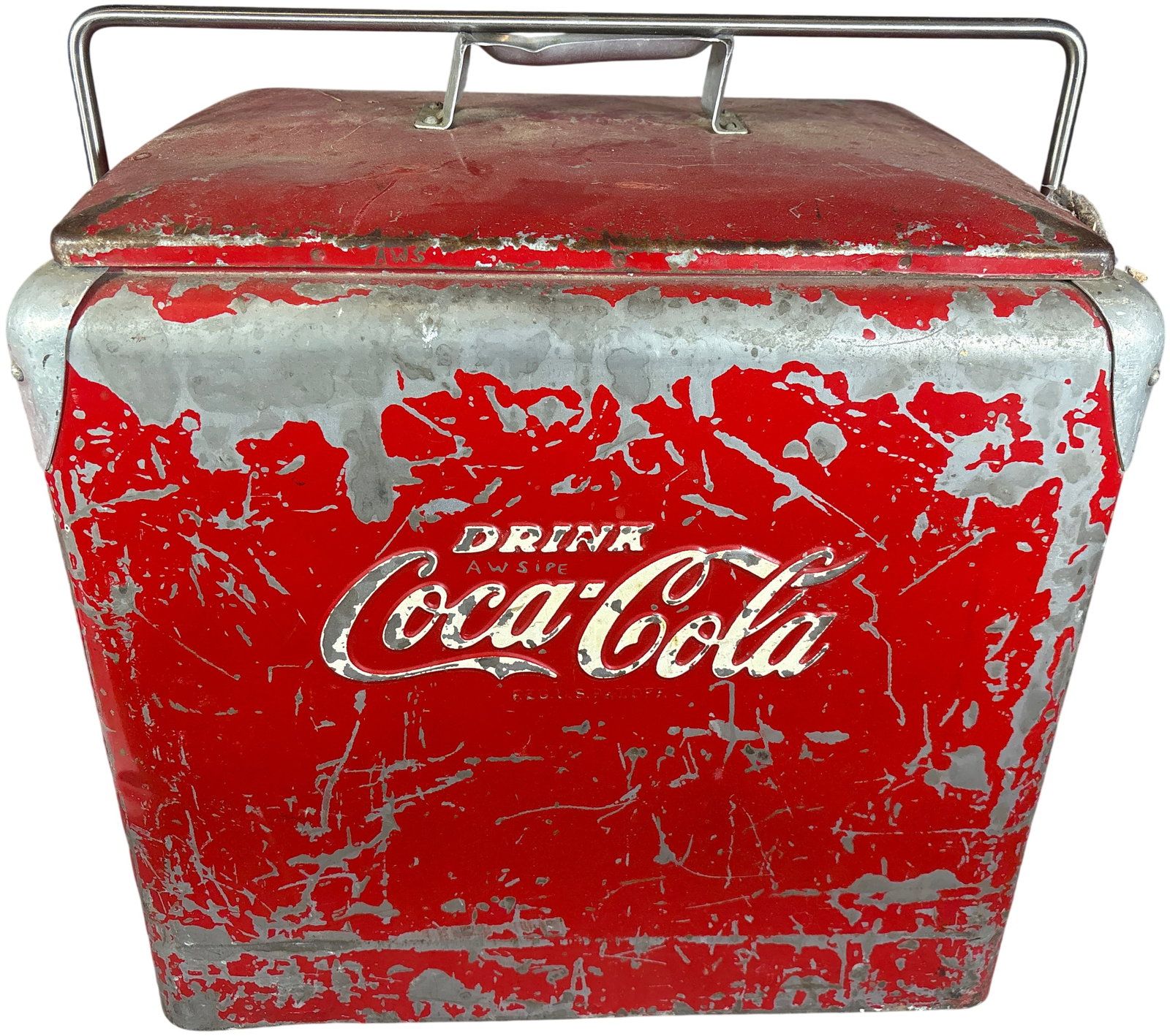 Vintage 1950s Coca-Cola Metal Picnic Cooler by Progress Refrigerator Co.: This is a mid-century portable metal ice chest featuring red-painted steel construction and iconic Coca-Cola advertising. The cooler is designed with a hinged lid and a galvanized metal interior liner