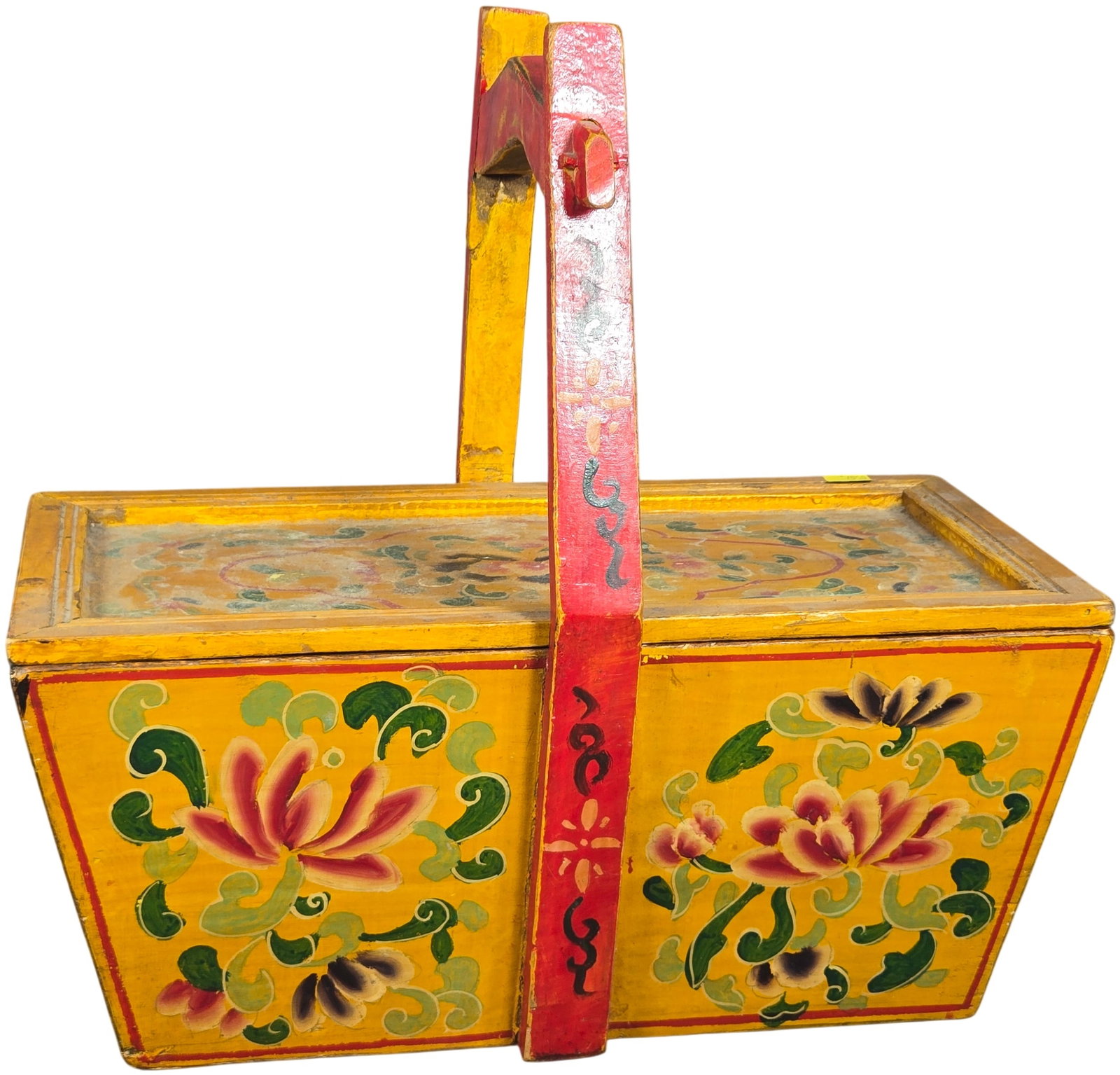 Chinese Provincial Hand-Painted Wooden Lidded Basket with Handle: A Chinese provincial wooden carrying basket of rectangular form with tapered sides and a flat, inset lid. This style of lidded box, often used for food or sewing materials, features a high fixed handl