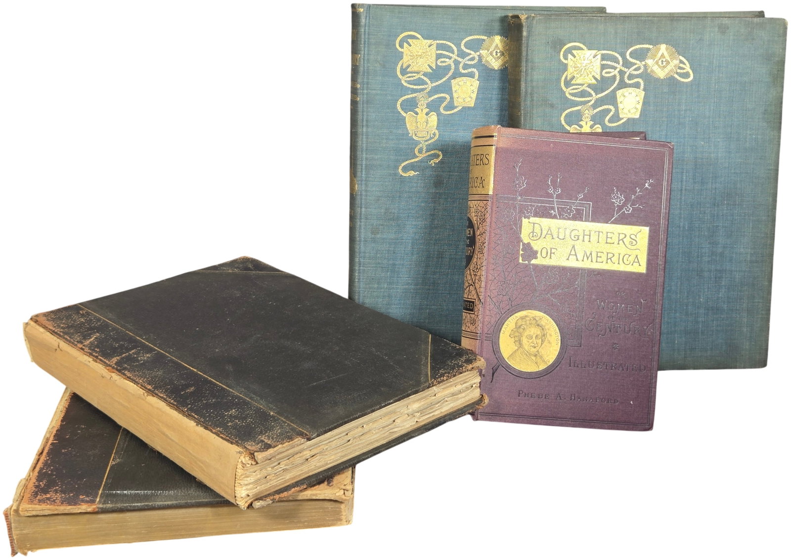 A Collection of Late 19th and Early 20th Century Historical and Masonic Volumes. 1883-1905.: This lot features a collection of late 19th and early 20th-century American hardcover books comprising historical and biographical subjects. Included is a copy of Daughters of America; or, Women of th