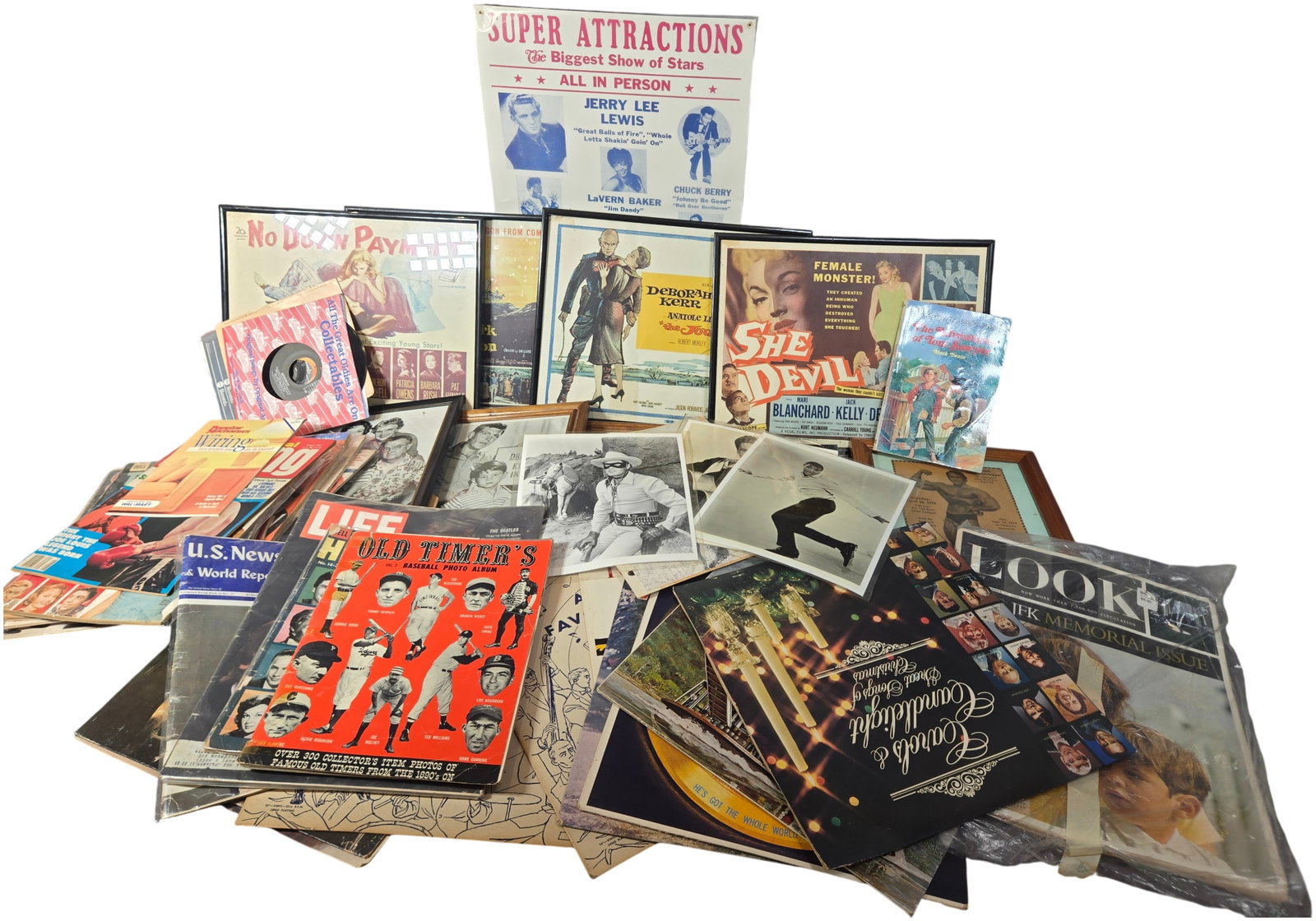 An Assortment of Vintage Entertainment Memorabilia including Magazines, Records, and Framed (1 of 14)