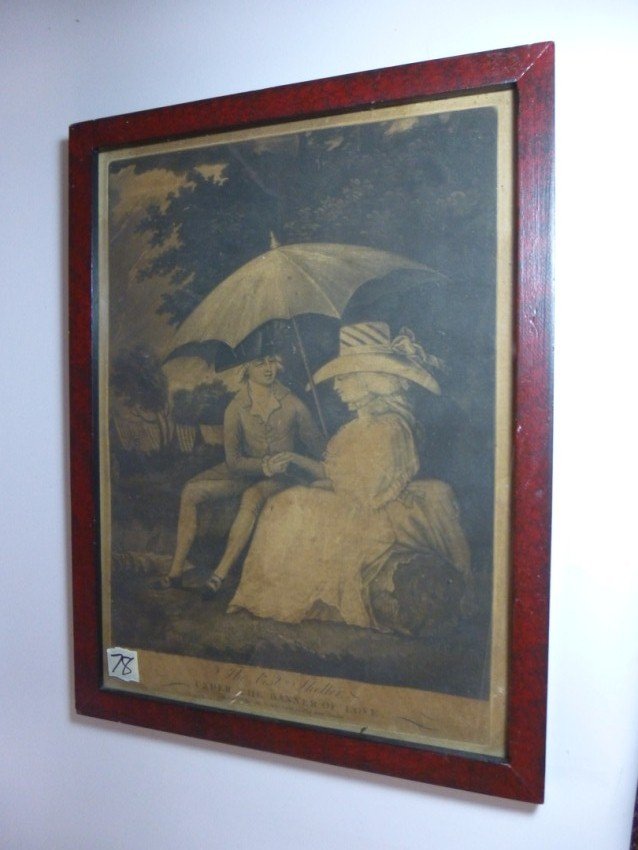 Early romantic print dated 1787.: 12” x 16” framed. Shipping 15.