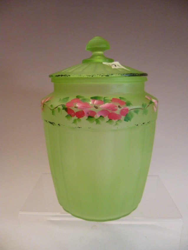 Glass cookie jar with hand painted decoration.: 10.5” tall. Shipping 20.