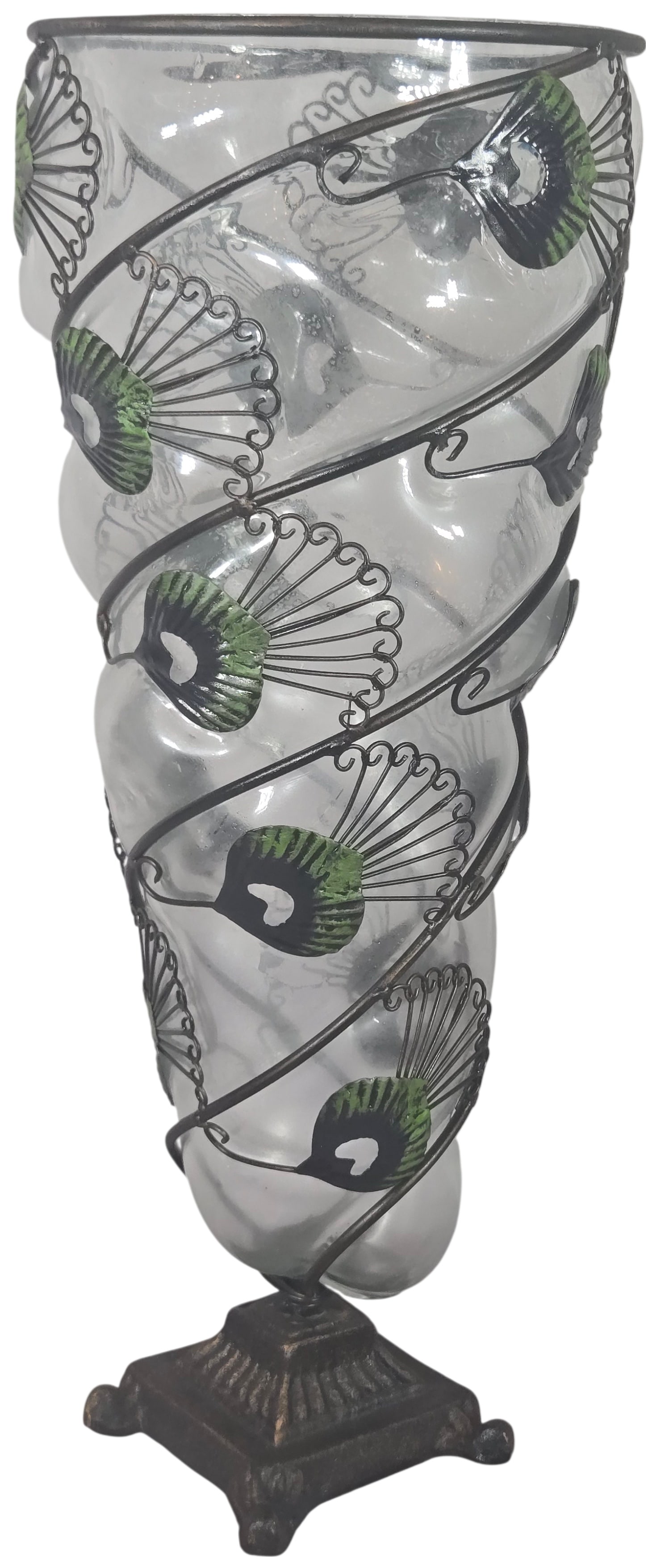 Large Caged Blown Glass Peacock Motif Floor Vase (1 of 7)