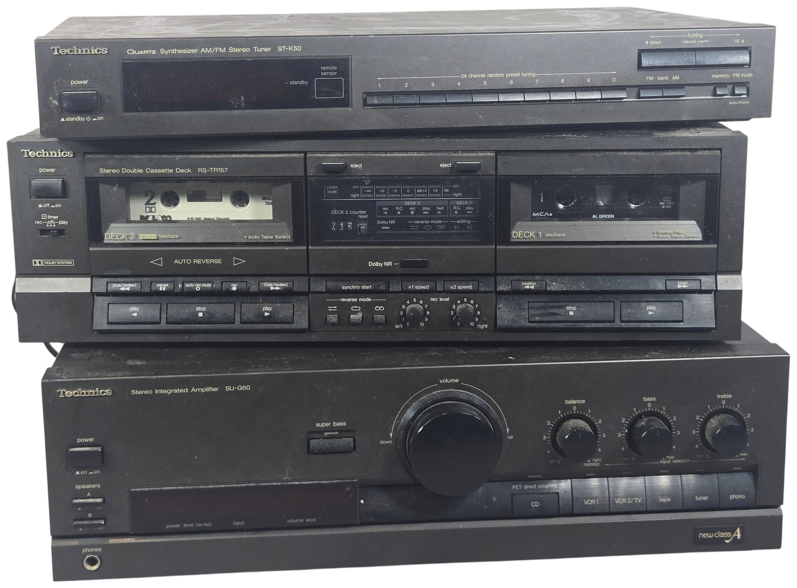 A Trio of Vintage Technics Stereo Components Including SU-G50 Integrated Amplifier, RS-TR157 Double: A Trio of vintage Technics stereo components manufactured in Japan by Matsushita Electric Industrial Co., Ltd. The lot consists of a Model SU-G50 Stereo Integrated Amplifier (Serial No. FNDHA29855), a