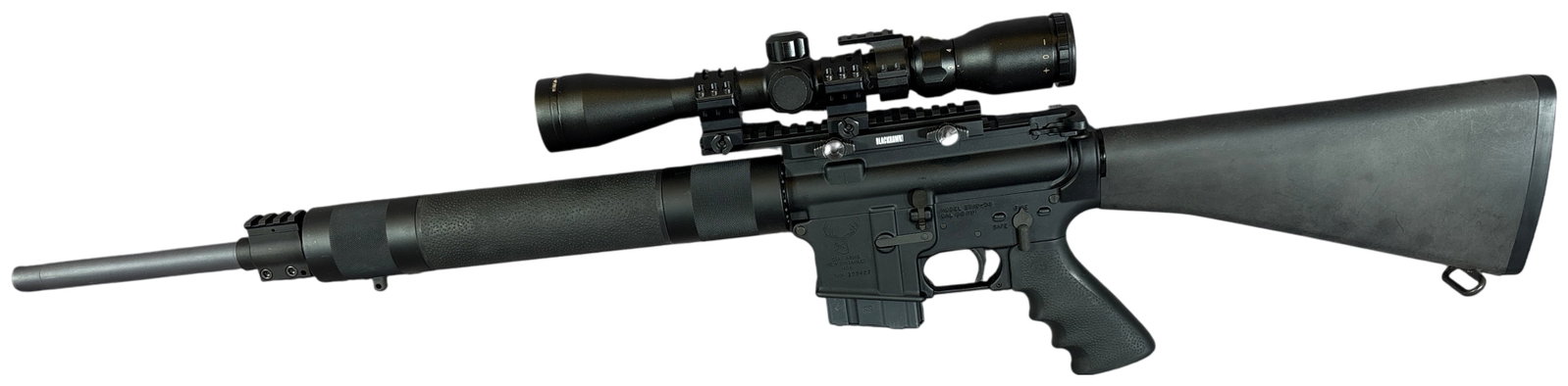 ** Stag Arms Model Stag-6.8 Semi-Automatic Rifle 6.8mm Remington SPC with 21 Inch Barrel: The Stag Arms Model Stag-6.8 is a semi-automatic rifle chambered in 6.8mm Remington SPC, featuring a 21-inch heavy barrel designed for improved stability and accuracy. The barrel is finished in matte 