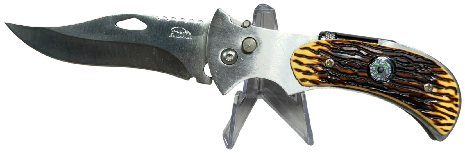 Folding Utility Pocket Knife with Integrated Compass and LED Flashlight: Single-blade folding pocket knife with integrated survival features. The clip-point blade is constructed of stainless steel and features a thumb hole, partial serrations near the base, and jimping on