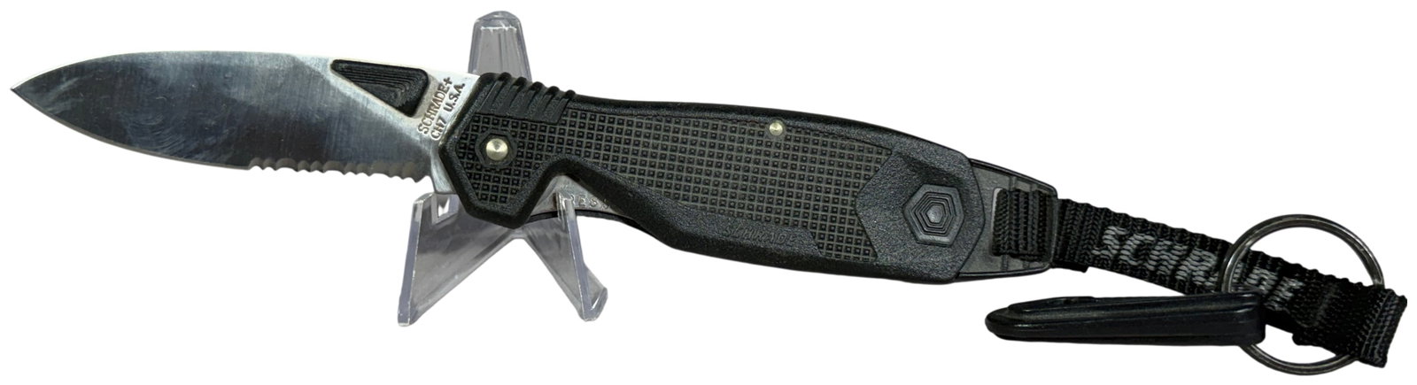 Schrade CH7 Cliphanger Folding Pocket Knife with Original Lanyard: Schrade CH7 Cliphanger folding pocket knife. This single-blade model features a drop-point blade manufactured from Schrade+ stainless steel with a partially serrated edge. The blade includes a black t