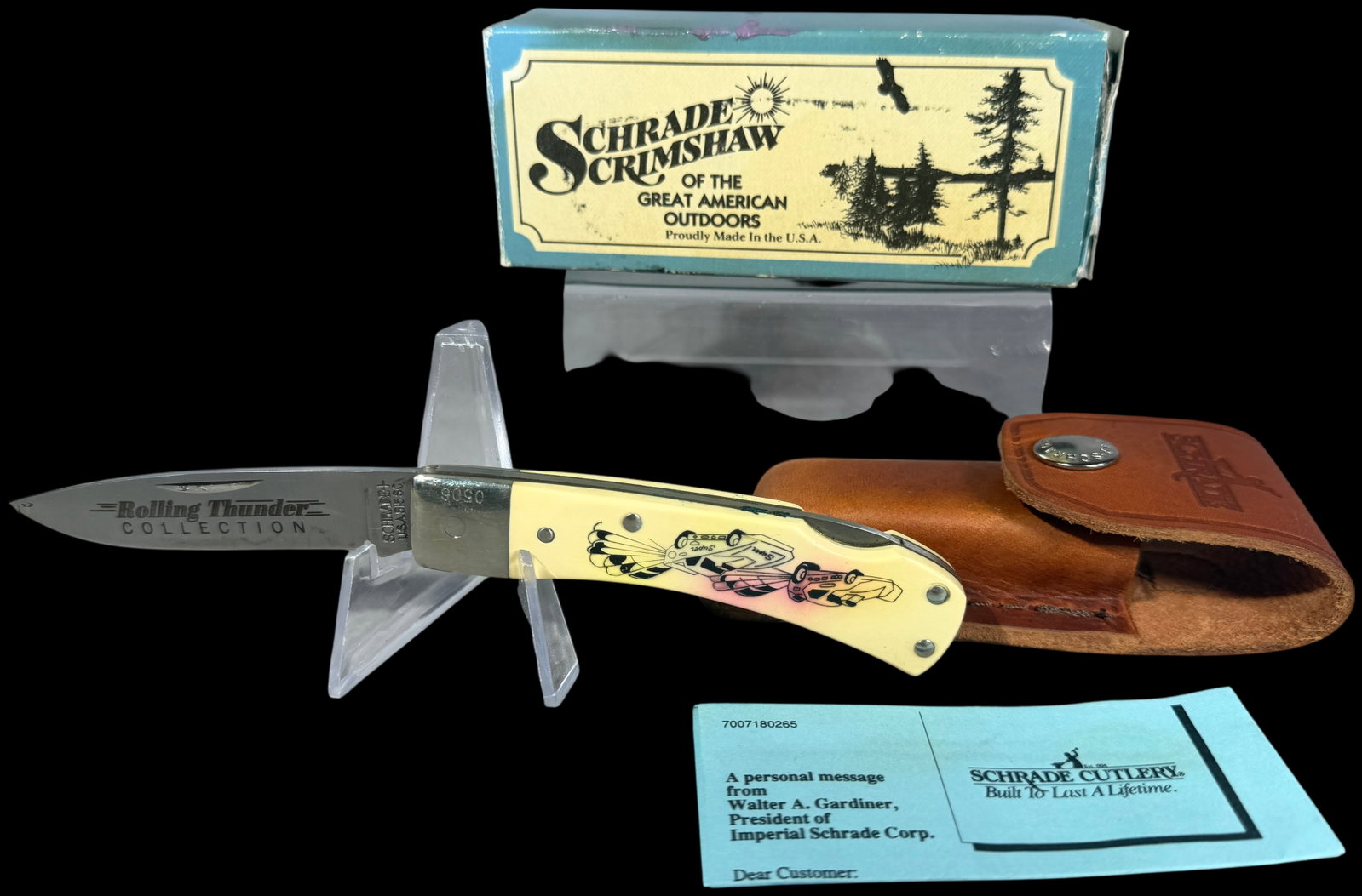 Schrade USA 515SC Rolling Thunder Collection Scrimshaw Folding Lockback Knife: A Schrade model 515SC folding lockback pocket knife from the Scrimshaw Great American Outdoors series, specifically identified as part of the Rolling Thunder Collection. The knife features a single dr