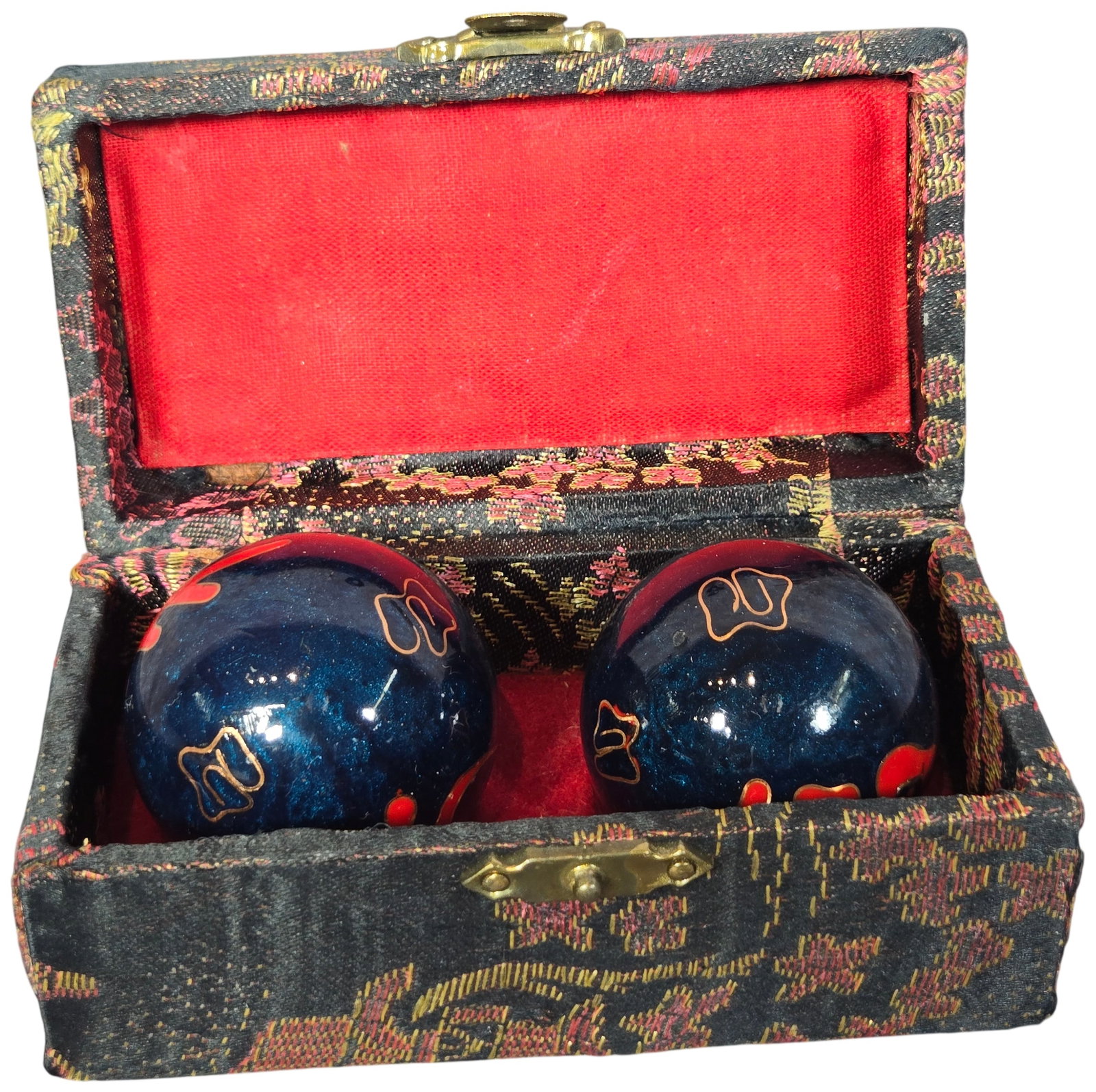 A Pair of Chinese Enamel Baoding Chime Balls in a Brocade Box (1 of 6)