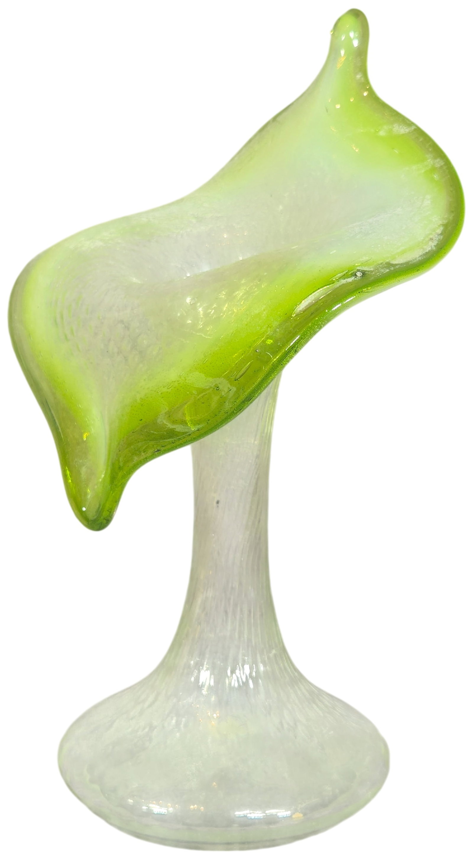 Mid-Century Cased Glass Jack-in-the-Pulpit Vase: A mid-century hand-blown art glass vase featuring a jack-in-the-pulpit or lily form. The piece is crafted using a cased glass technique, with a chartreuse or lime green outer layer at the ruffled rim 