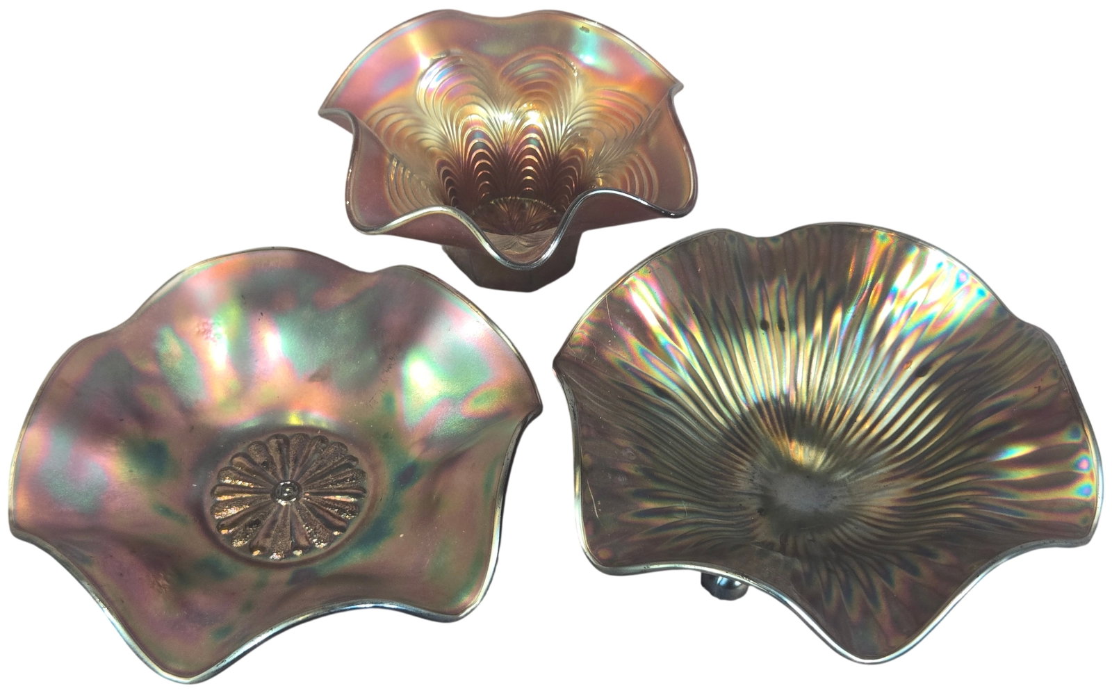 A Trio of Fenton Amethyst Carnival Glass Bowls in Orange Tree, Dahlia, and Thin Rib Patterns (1 of 13)