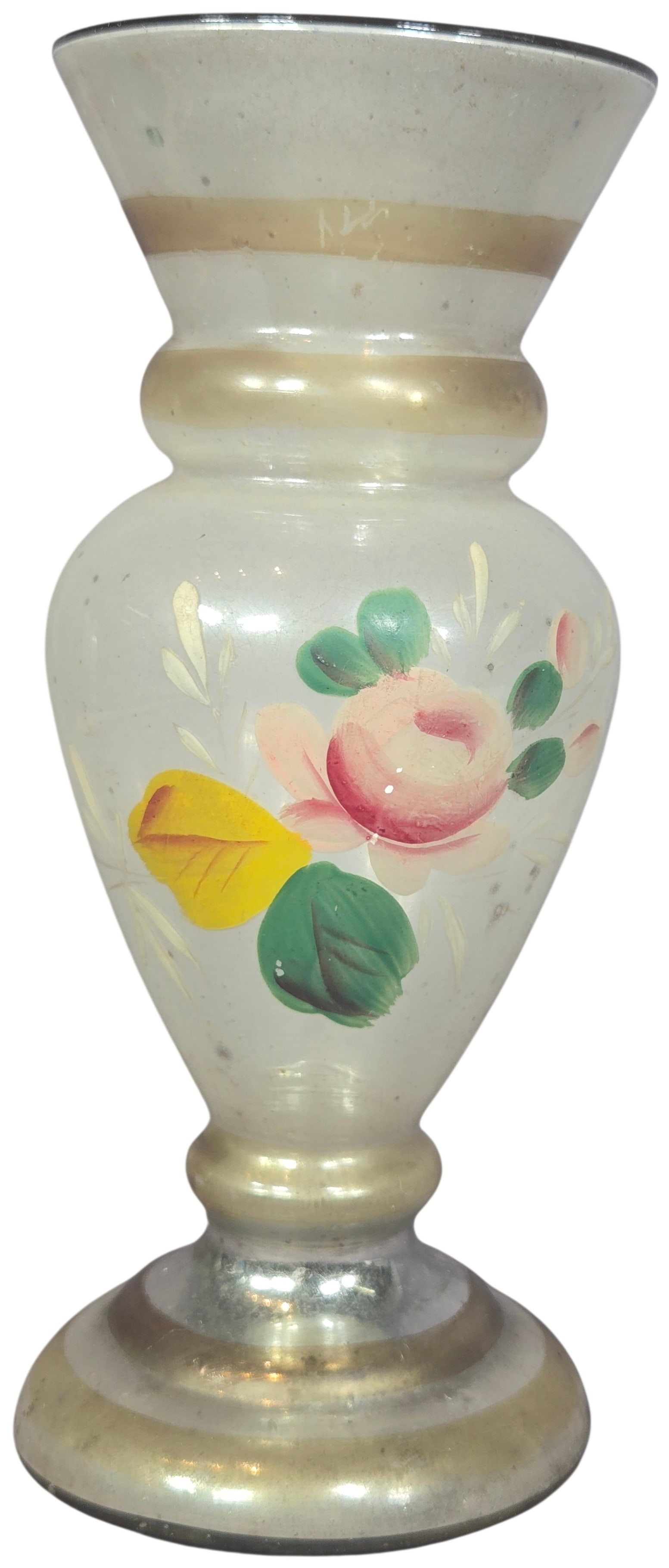 Czechoslovakian Hand-Painted Satin Glass Bud Vase: This hand-blown satin glass bud vase features a translucent frosted body decorated with hand-painted floral motifs and gilded accents. The central decoration consists of an enameled pink rose with gre