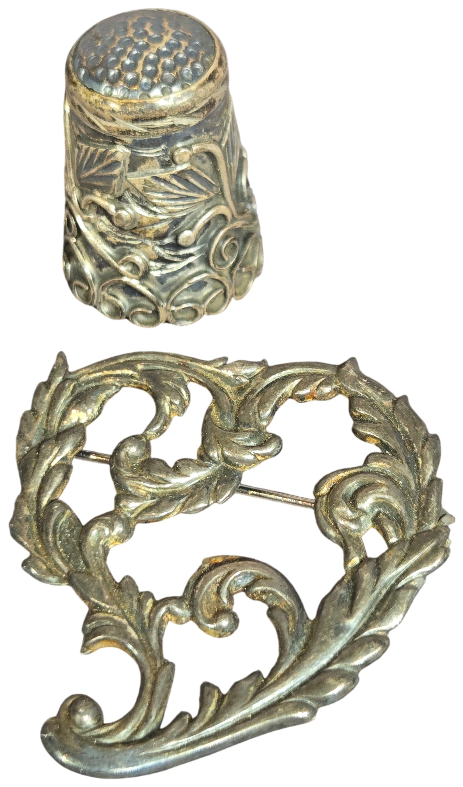 Two Sterling Silver Items Including a Foliate Scroll Brooch and a Mexican Thimble (1 of 10)