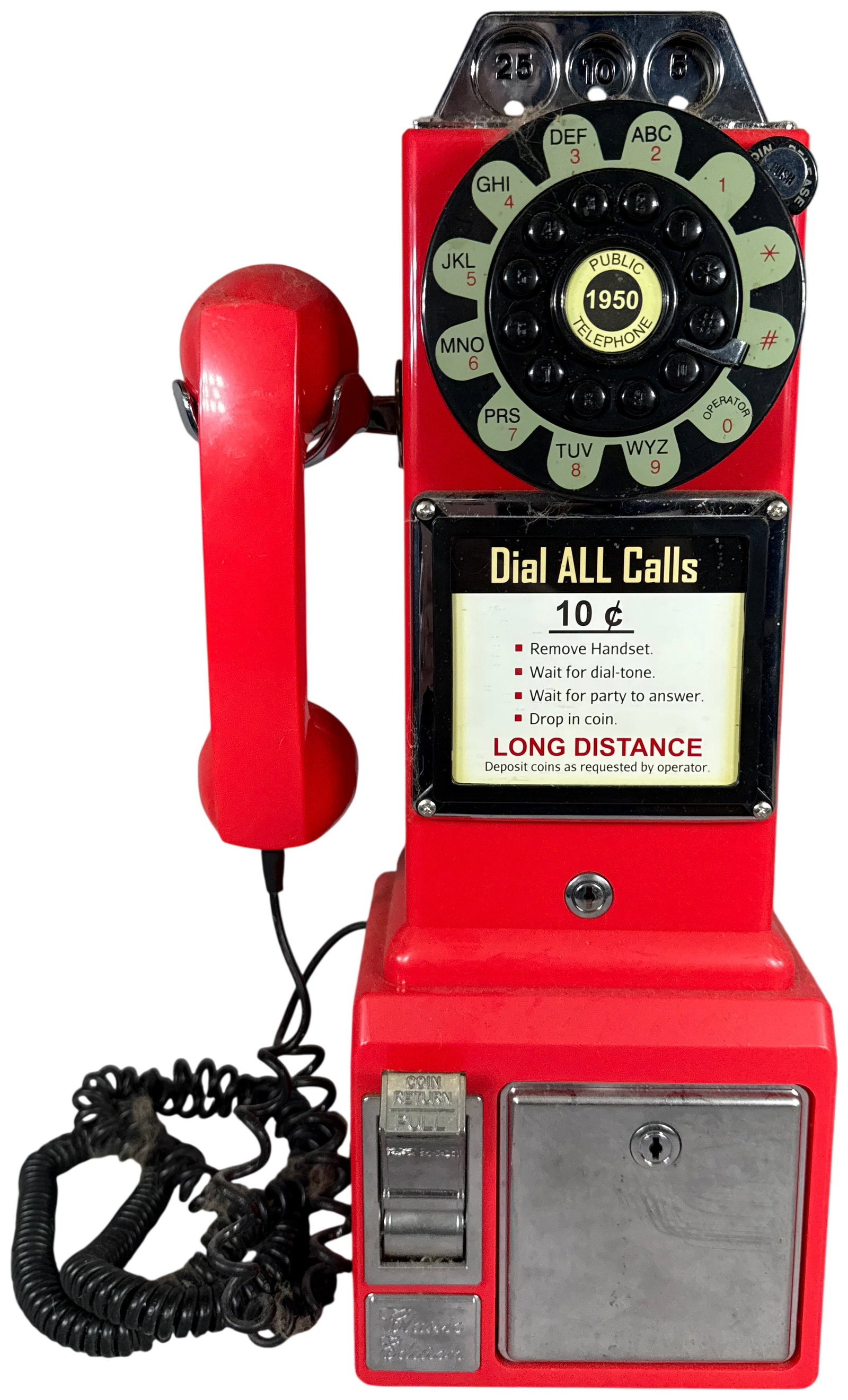 Classic Edition 1950 Style Red Reproduction Payphone Coin Bank: This is a Classic Edition 1950 Style Public Telephone, a modern reproduction designed to emulate the appearance of a mid-20th-century three-slot payphone. The unit is constructed with a vibrant red mo