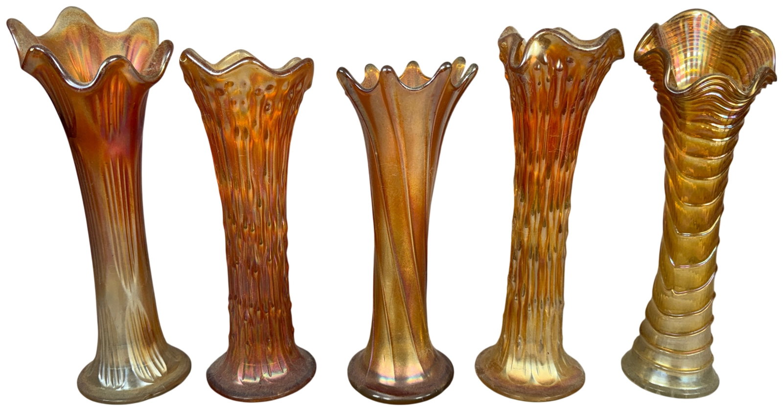 A Group of Five Antique Marigold Carnival Glass Swung Vases Including Tree Trunk and Ripple Patterns (1 of 20)