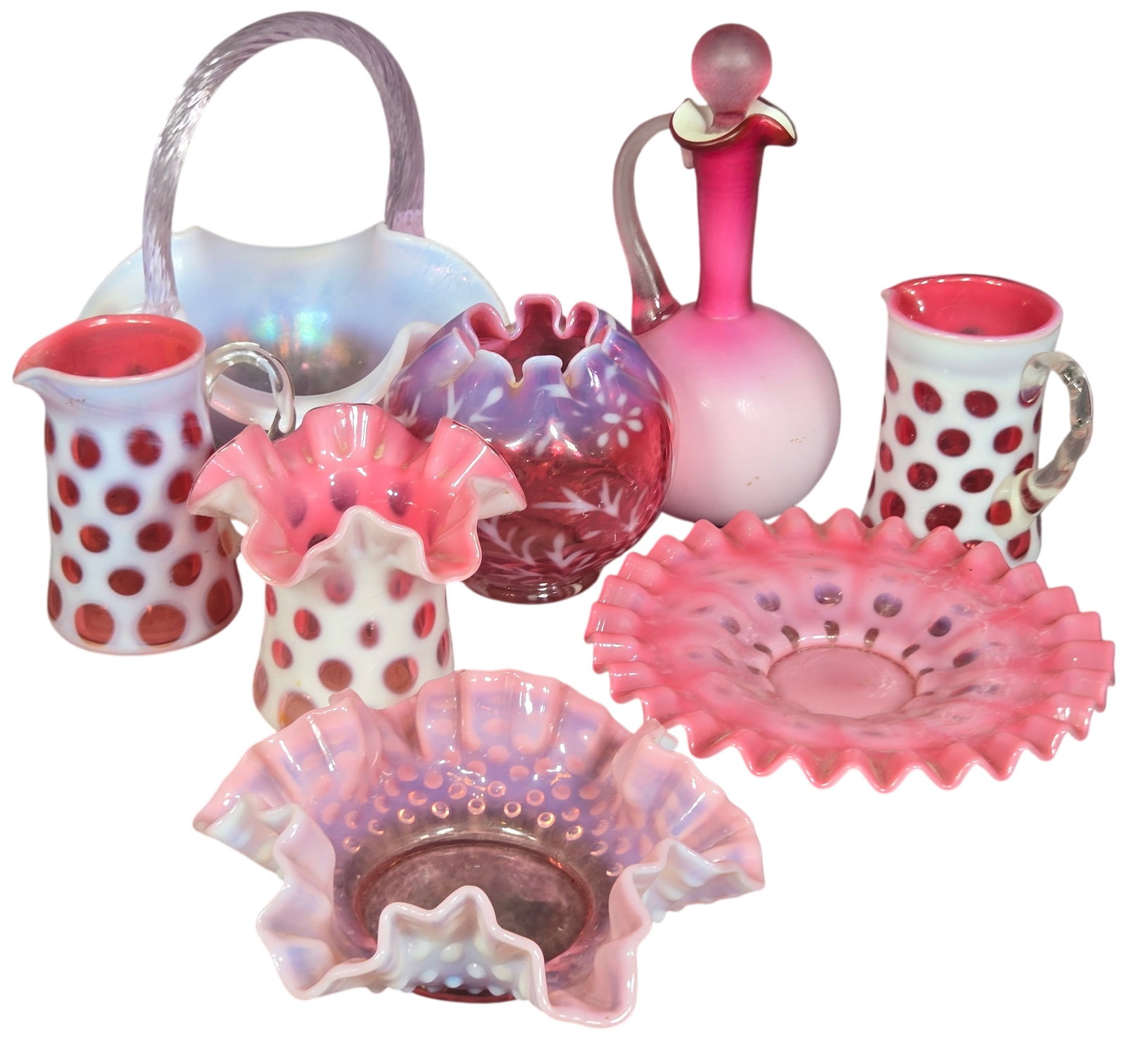 A Collection of Eight Fenton and American Cranberry and Pink Opalescent Glass Decorative Items (1 of 15)