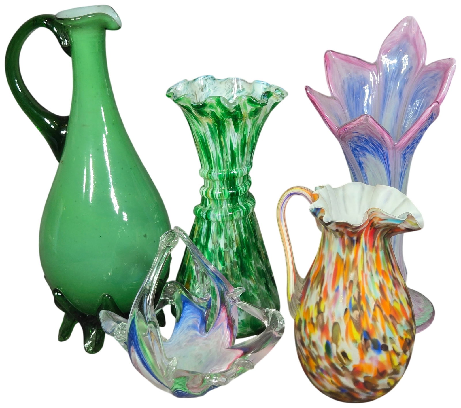An Assortment of Contemporary Hand-Blown Art Glass Decorative Objects: An assortment of five hand-blown art glass pieces including vases, pitchers, and a small dish. The collection features various glassmaking techniques including cased glass, swirled patterns, and inter