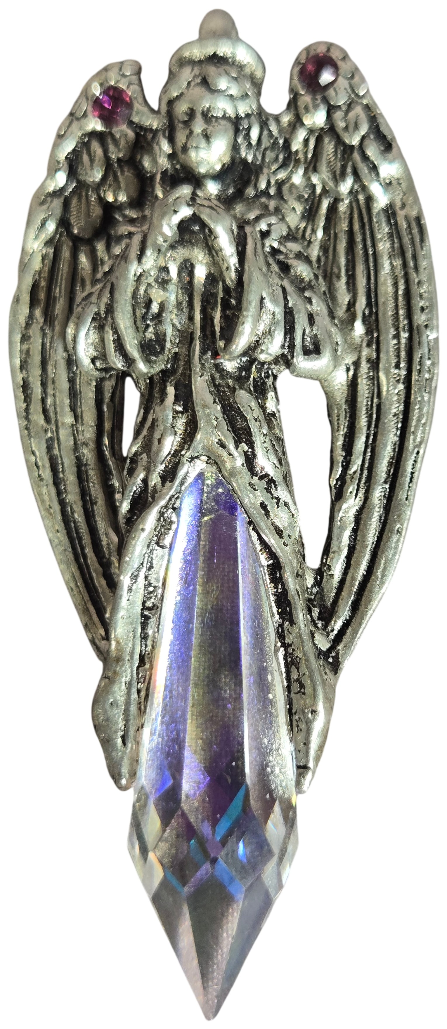 JJ Jonette Jewelry Pewter Angel Brooch Pendant with Aurora Borealis Crystal: This figural piece from 1994 by Jonette Jewelry (JJ) is a dual-purpose accessory that functions as both a brooch and a pendant. It is constructed from pewter with an antiqued finish, featuring a winge