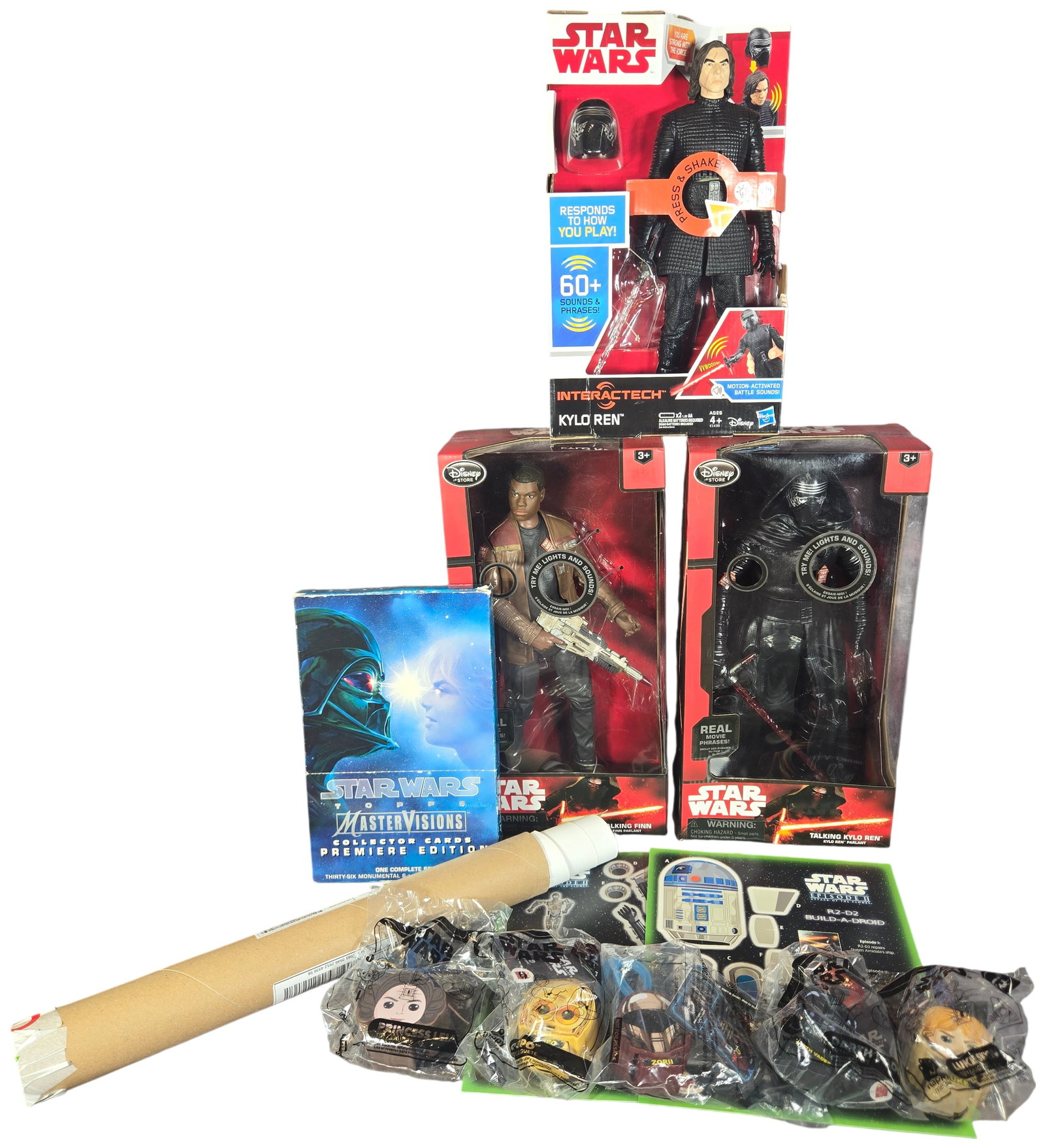 A Collection of Star Wars Action Figures, Art Cards, and Promotional Memorabilia: This collection features a variety of Star Wars licensed items produced by Topps, Hasbro, the Disney Store, Frito-Lay, and McDonald's. The assortment includes three large-scale plastic electronic acti