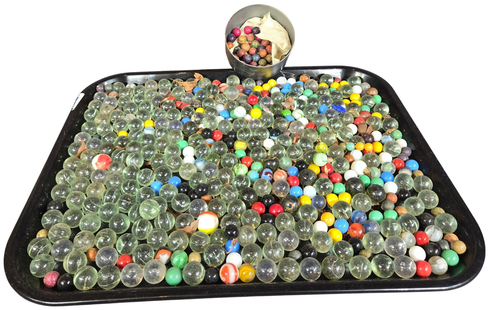 An Assortment of Vintage Marbles with a Stenciled Apple Crate and Storage Container (1 of 14)