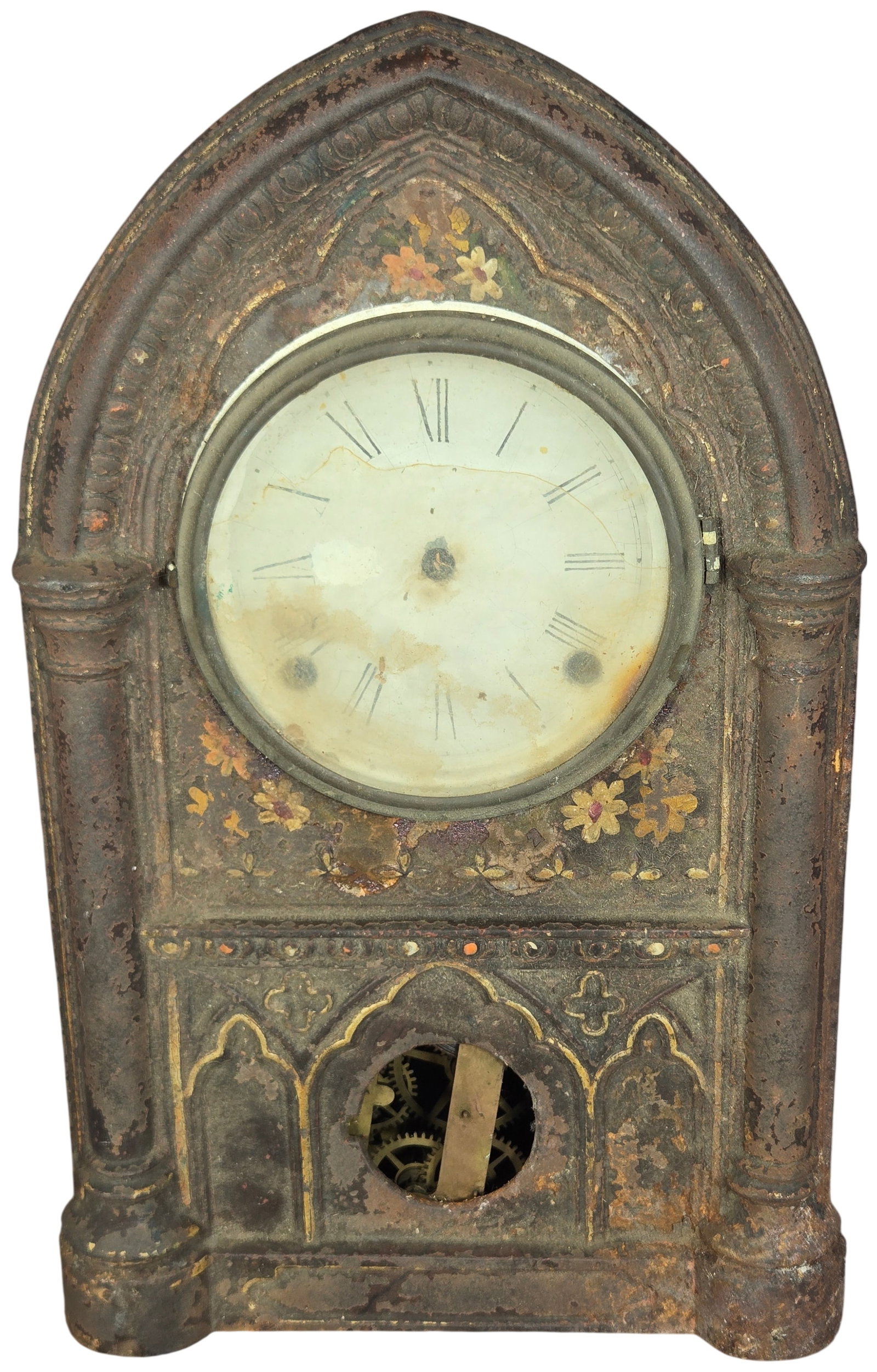 Chauncey Jerome Miniature Gothic Arch Mantel Clock Metal Face: Unusual cast iron front to the clock. An antique miniature Gothic-arch mantel clock manufactured by Chauncey Jerome of New Haven, Connecticut. This spring-driven mechanical clock features a brass plat
