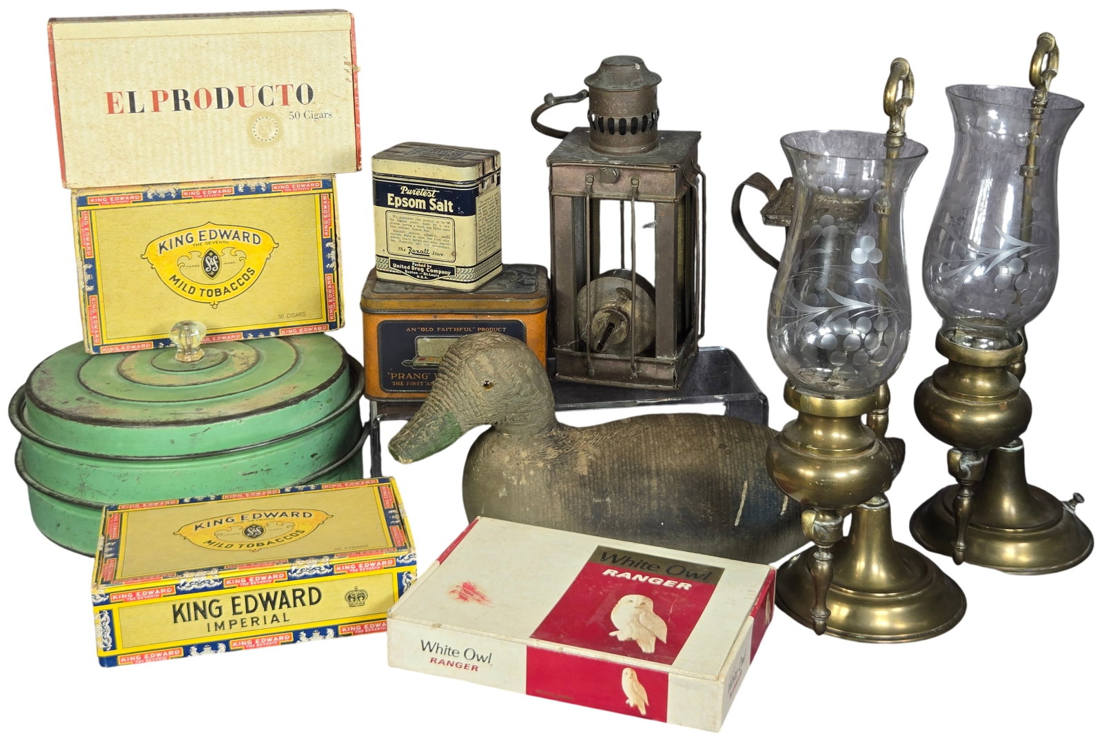 An Assortment of Vintage Americana Including Advertising Tins, Cigar Boxes, and Decorative Household: An assortment of vintage Americana and advertising objects. The collection features several cardboard cigar boxes with lithographed branding for El Producto (50 Cigars), King Edward The Seventh Mild T