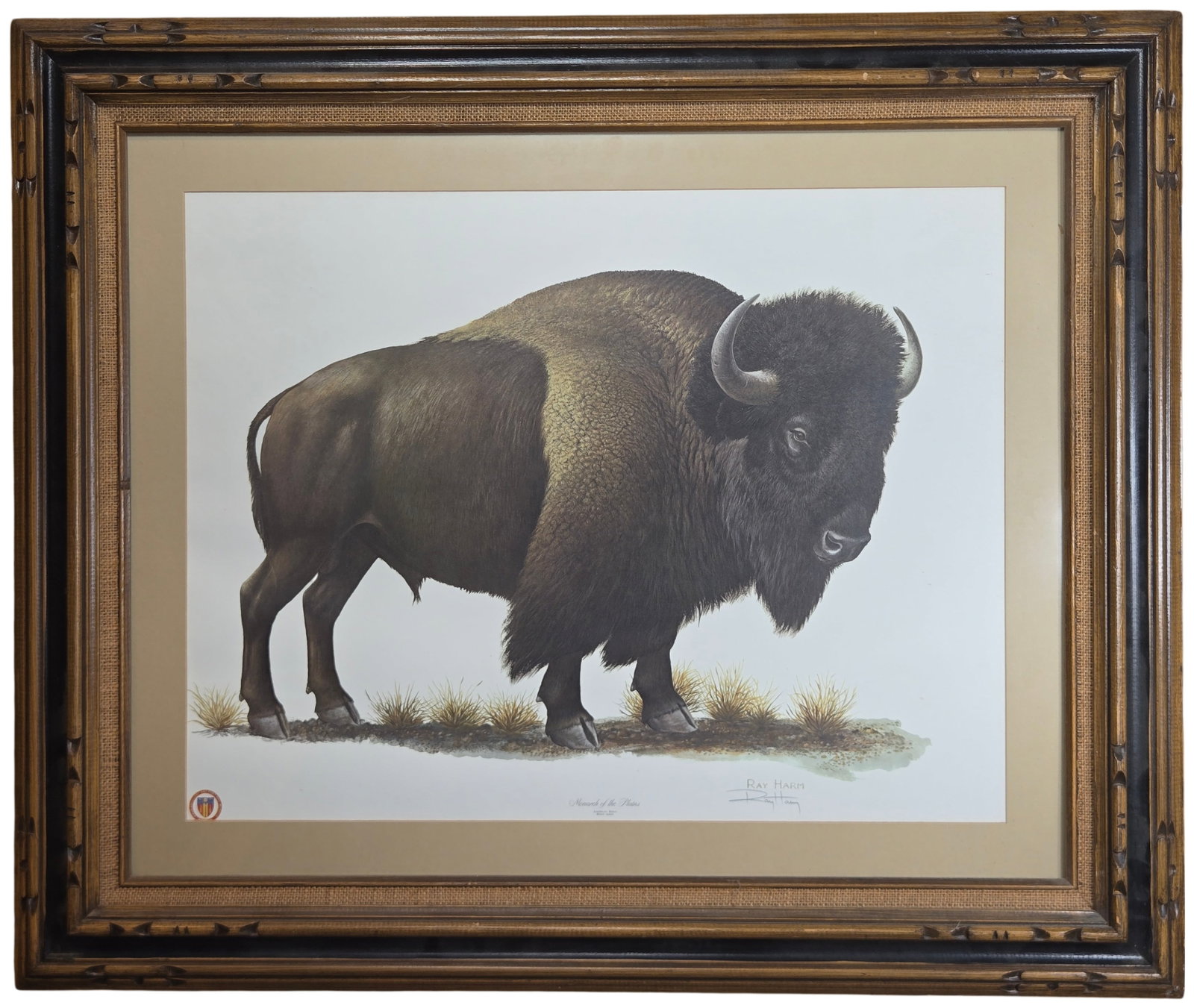 Ray Harm Monarch of the Plains American Bison Lithograph: This lot features a large-scale photomechanical color lithograph titled Monarch of the Plains by American naturalist artist Ray Harm. The print depicts a detailed profile of an American bison (Bison b