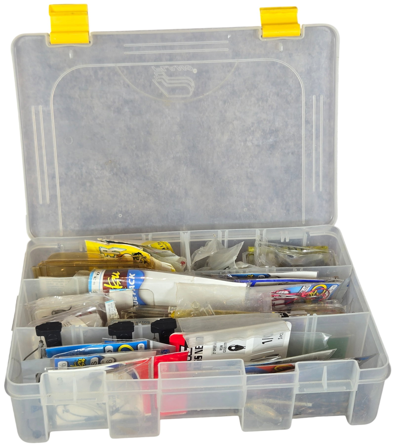 An Assortment of Gamakatsu Fishing Hooks and Terminal Tackle in a Plano ProLatch StowAway Box: A collection of fishing tackle housed in a Plano ProLatch StowAway 3600 Deep utility box. The clear plastic storage unit features adjustable compartments and dual yellow sliding latches, with a molded