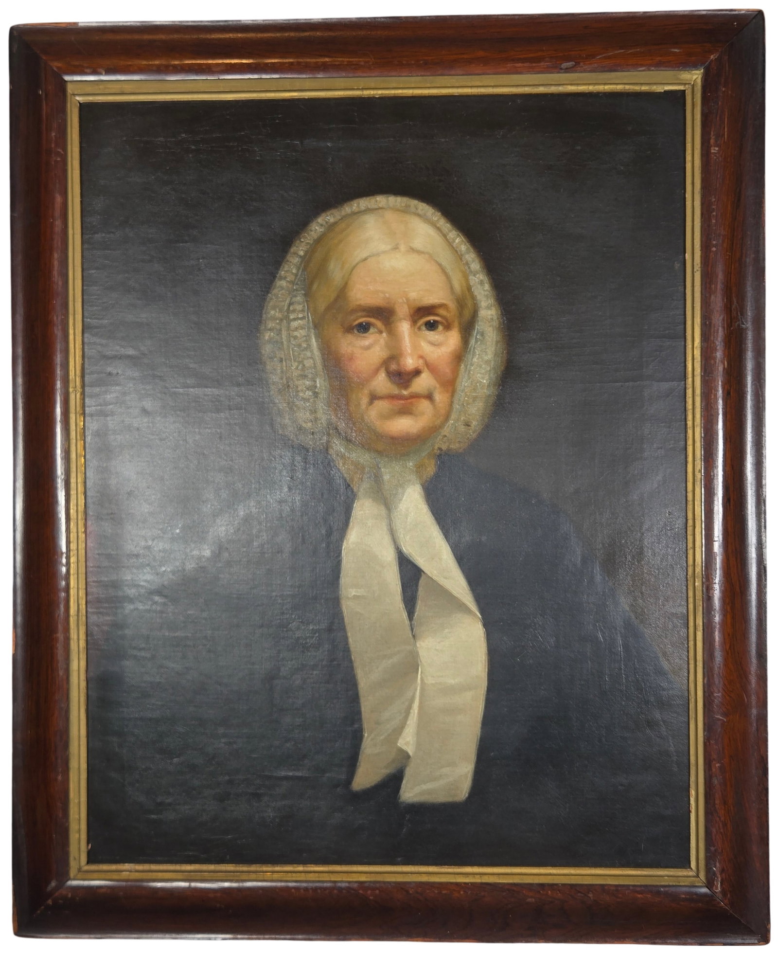 Signed J. Cafferty Portrait of a Woman in a Lace Bonnet Oil on Canvas Dated: This oil on canvas portrait is a signed and dated work likely by American artist James H. Cafferty (1819–1869), a member of the National Academy of Design. The painting depicts an elderly woman in a