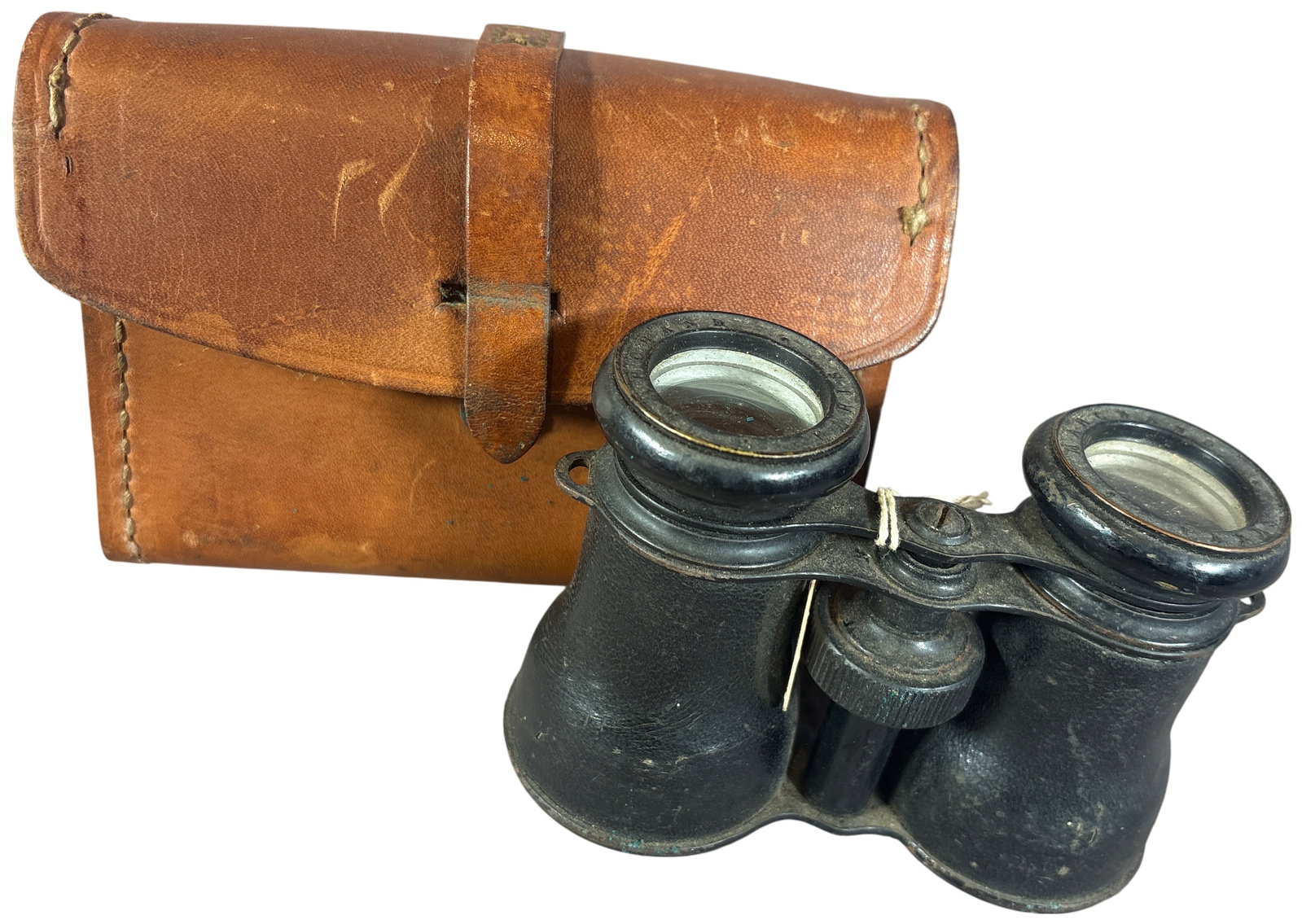 A Pair of Vintage French Marchand Paris Field Glasses with Dated Leather Case 1912: A pair of French field glasses featuring enameled brass construction and textured black leatherette barrel wraps. Both eyepiece rims are impressed with uppercase lettering that reads MARCHAND PARIS (p