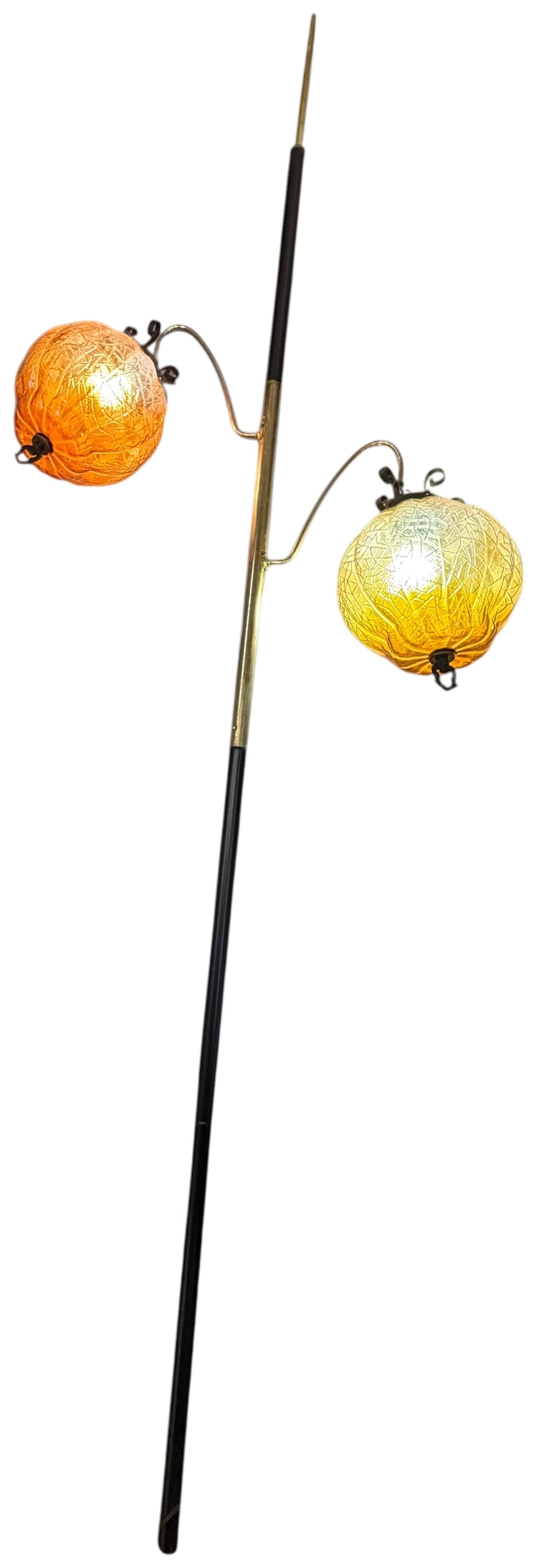 Mid-Century Modern Two-Light Tension Pole Floor Lamp with Amber Crackle Glass Shades: A mid-century modern two-light tension pole floor lamp designed for adjustable floor-to-ceiling installation. The central pole is constructed of metal with alternating sections of black enamel and pol